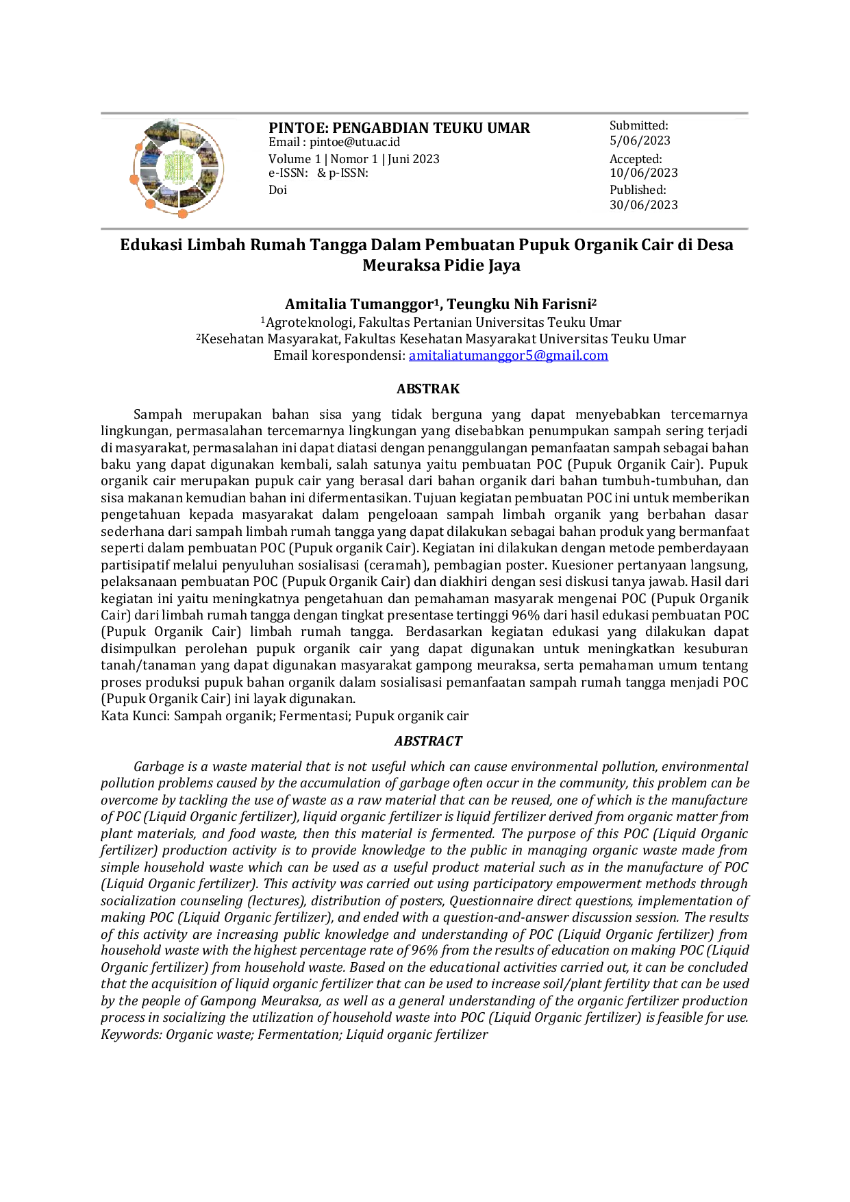 JURIS Edukasi Limbah Rumah Tangga Dalam Pembuatan Pupuk Organik Cair di Desa Meuraksa Pidie Jaya