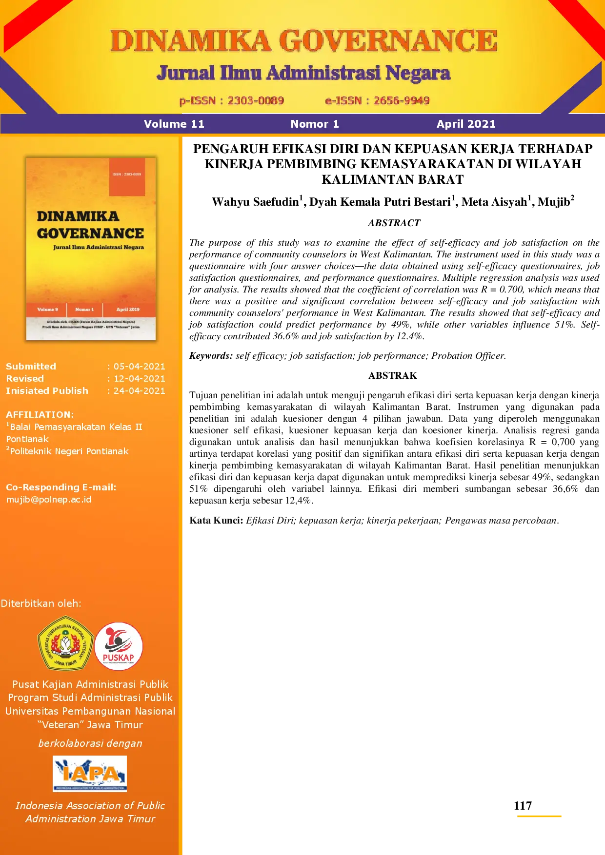 juris Pengaruh Efikasi Diri dan Kepuasan Kerja Terhadap Kinerja Pembimbing Kemasyarakatan di Wilayah Kalimantan Barat