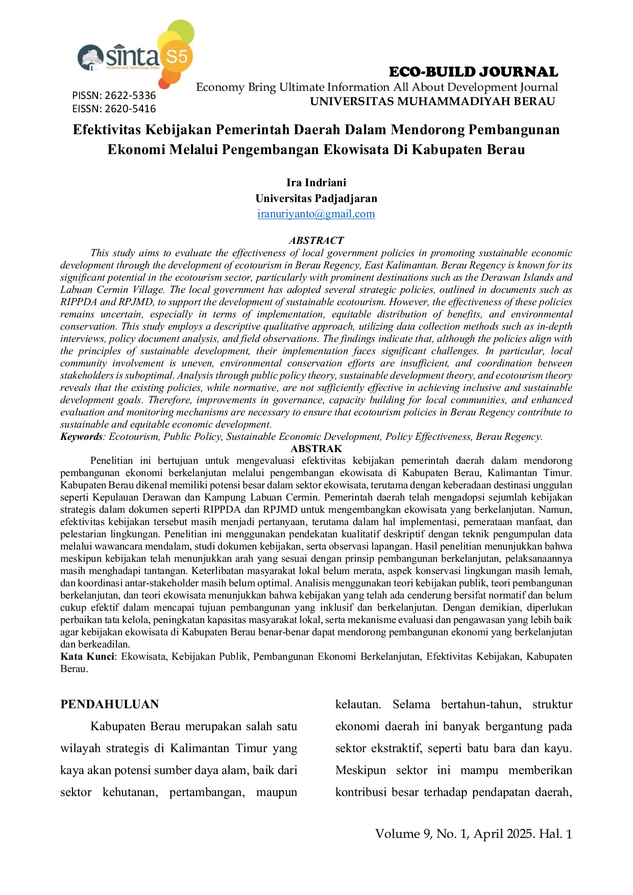JURIS Efektivitas Kebijakan Pemerintah Daerah Dalam Mendorong Pembangunan Ekonomi Melalui Pengembangan Ekowisata Di Kabupaten Berau