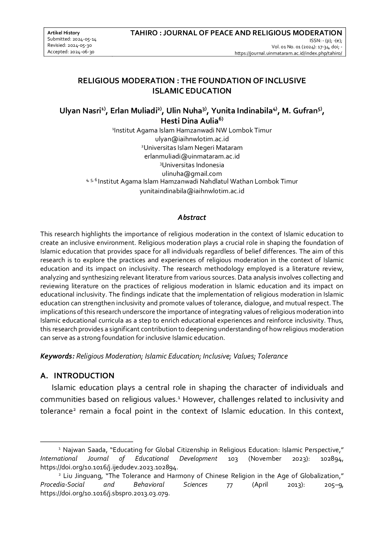 JURIS Religious Moderation The Foundation of Inclusive Islamic Education