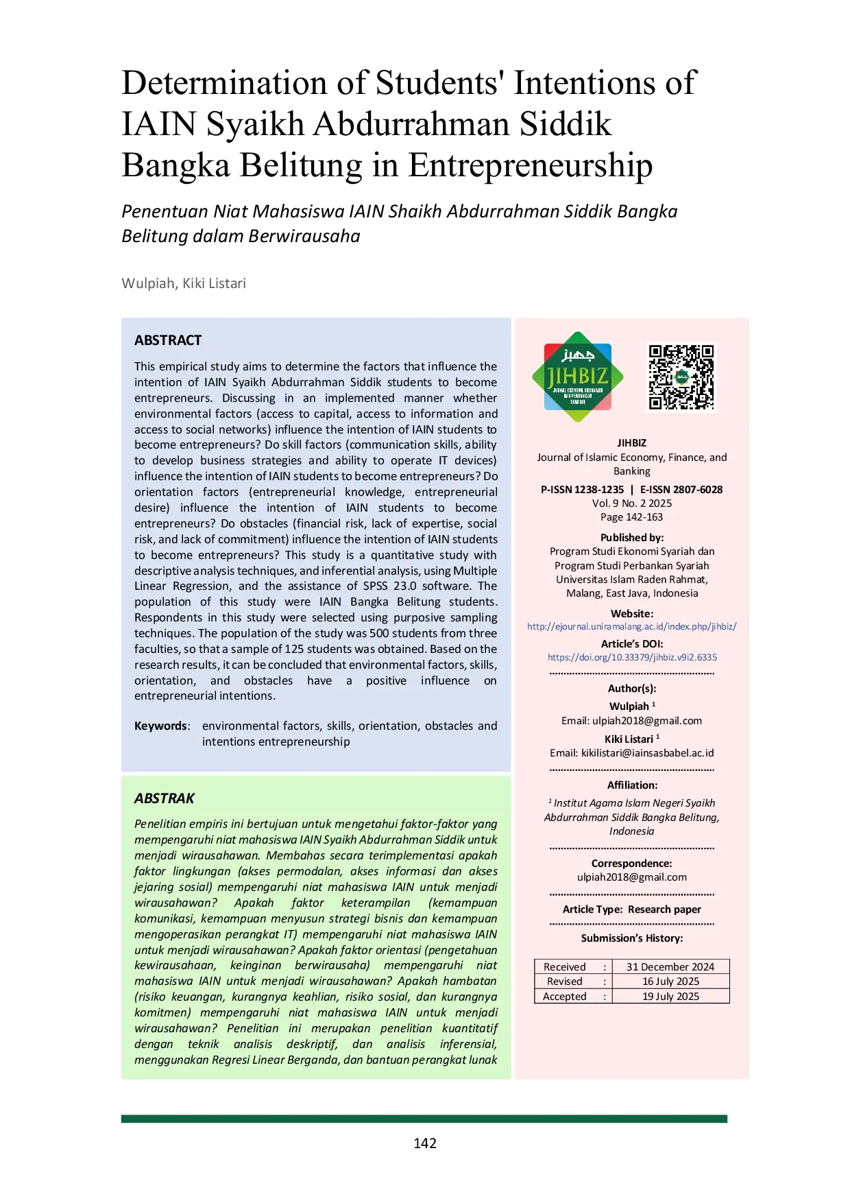 JURIS Determination of Students Intentions of IAIN Syaikh Abdurrahman Siddik Bangka Belitung in Entrepreneurship