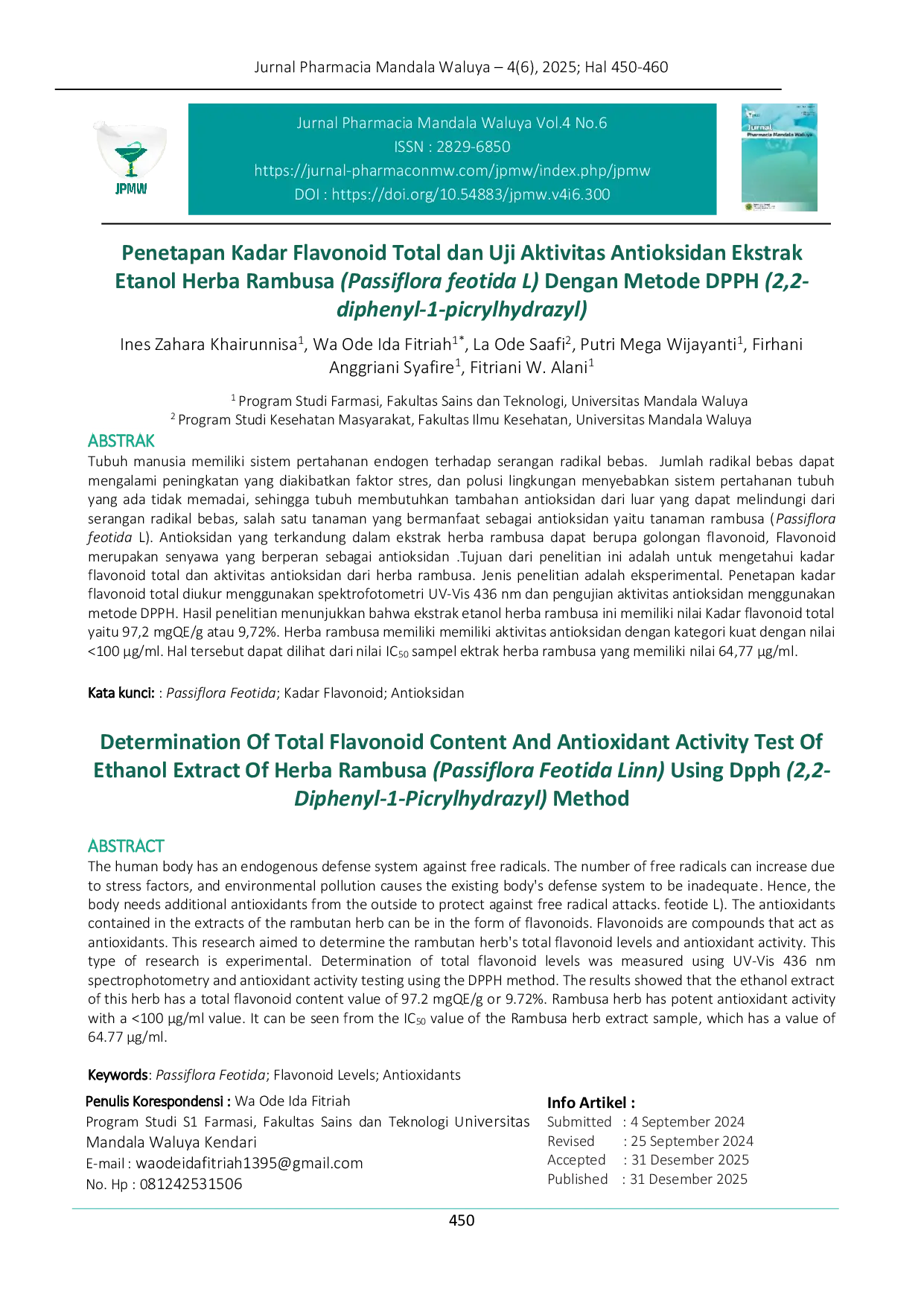 JURIS Penetapan Kadar Flavonoid Total Dan Uji Aktivitas Antioksidan Ekstrak Etanol Herba Rambusa Passiflora feotida L Dengan Metode DPPH 2 2 diphenyl 1 picrylhydrazyl