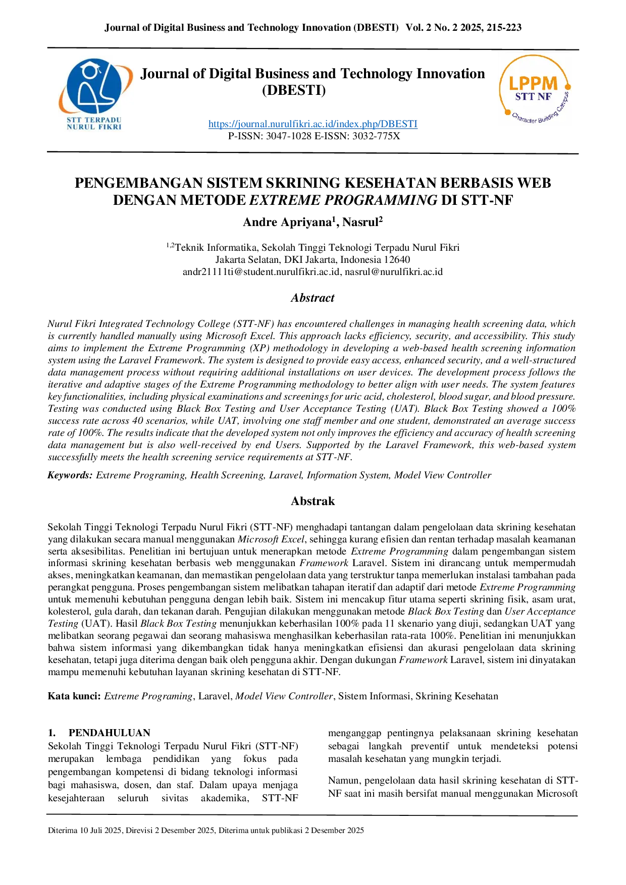 JURIS PENGEMBANGAN SISTEM SKRINING KESEHATAN BERBASIS WEB DENGAN METODE EXTREME PROGRAMMING DI STT NF