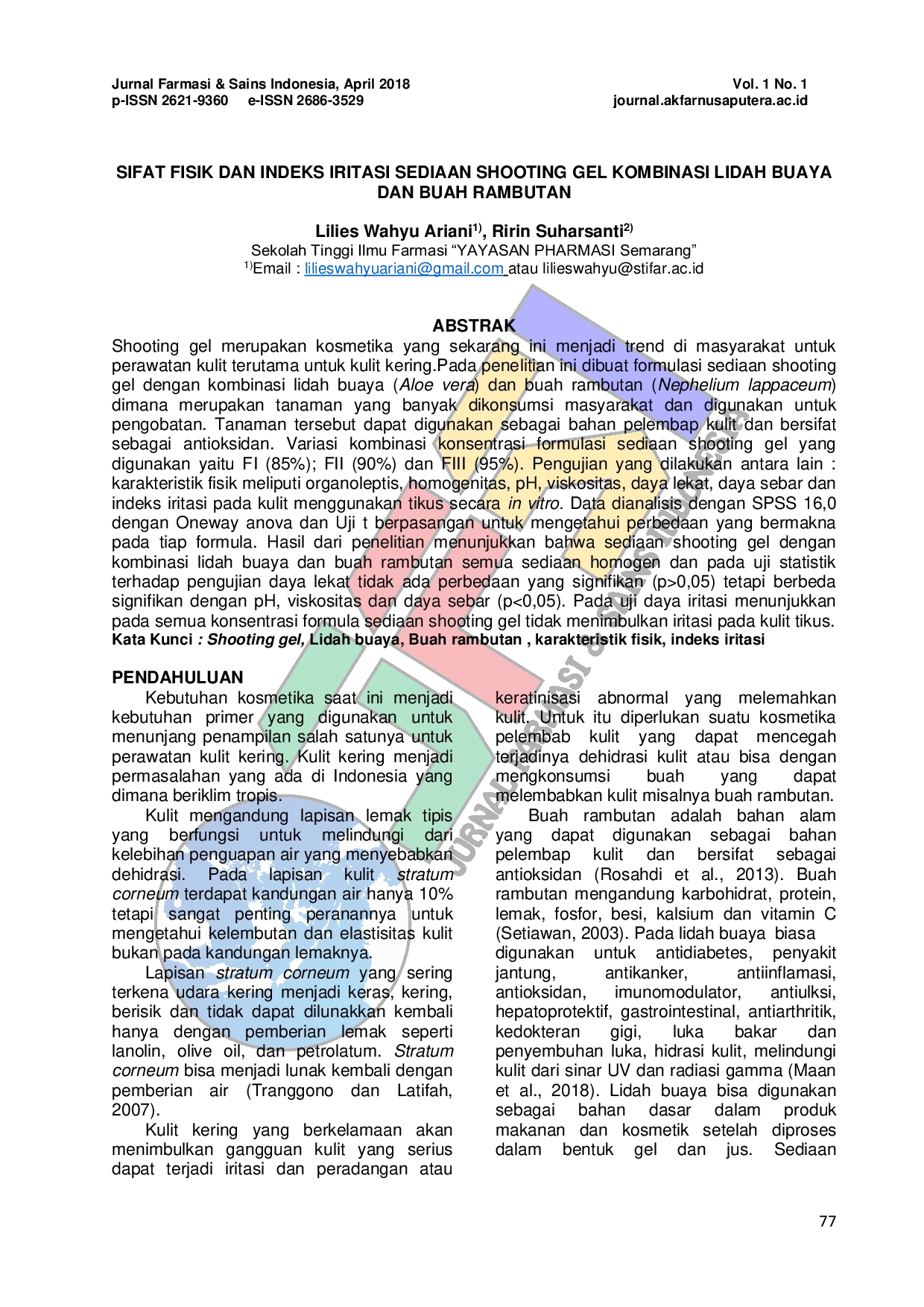 JURIS Sifat Fisik Dan Indeks Iritasi Sediaan Shooting Gel Kombinasi Lidah Buaya Dan Buah Rambutan