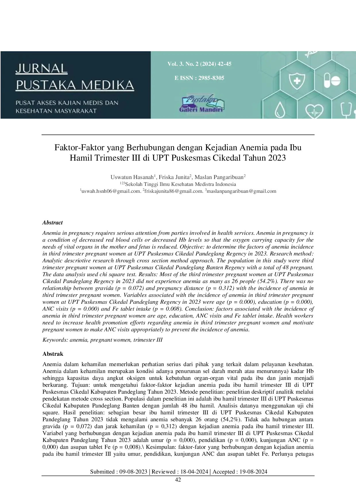 JURIS Faktor Faktor yang Berhubungan dengan Kejadian Anemia pada Ibu Hamil Trimester III di UPT Puskesmas Cikedal Tahun 2023