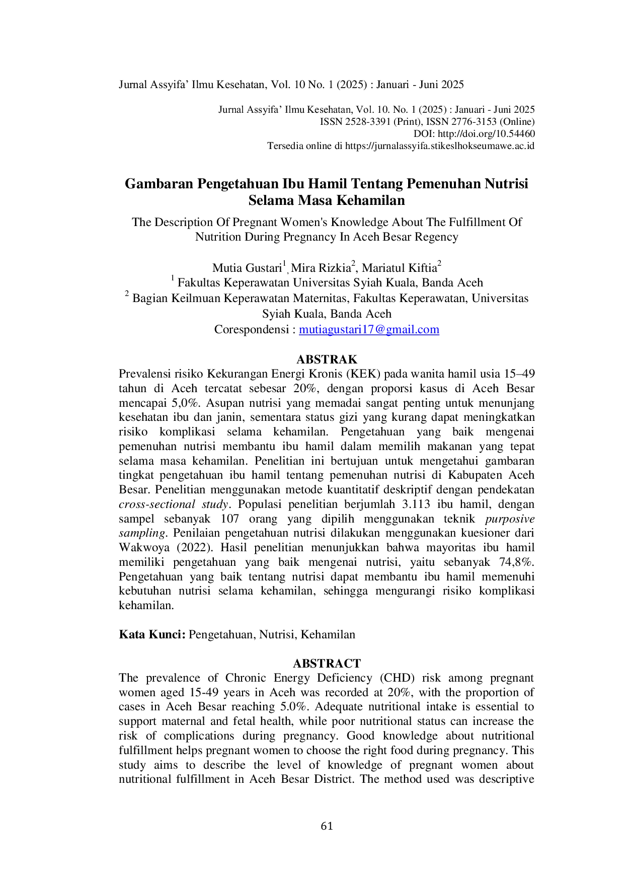 JURIS Gambaran Pengetahuan Ibu Hamil Tentang Pemenuhan Nutrisi Selama Masa Kehamilan Di Kabupaten Aceh Besar