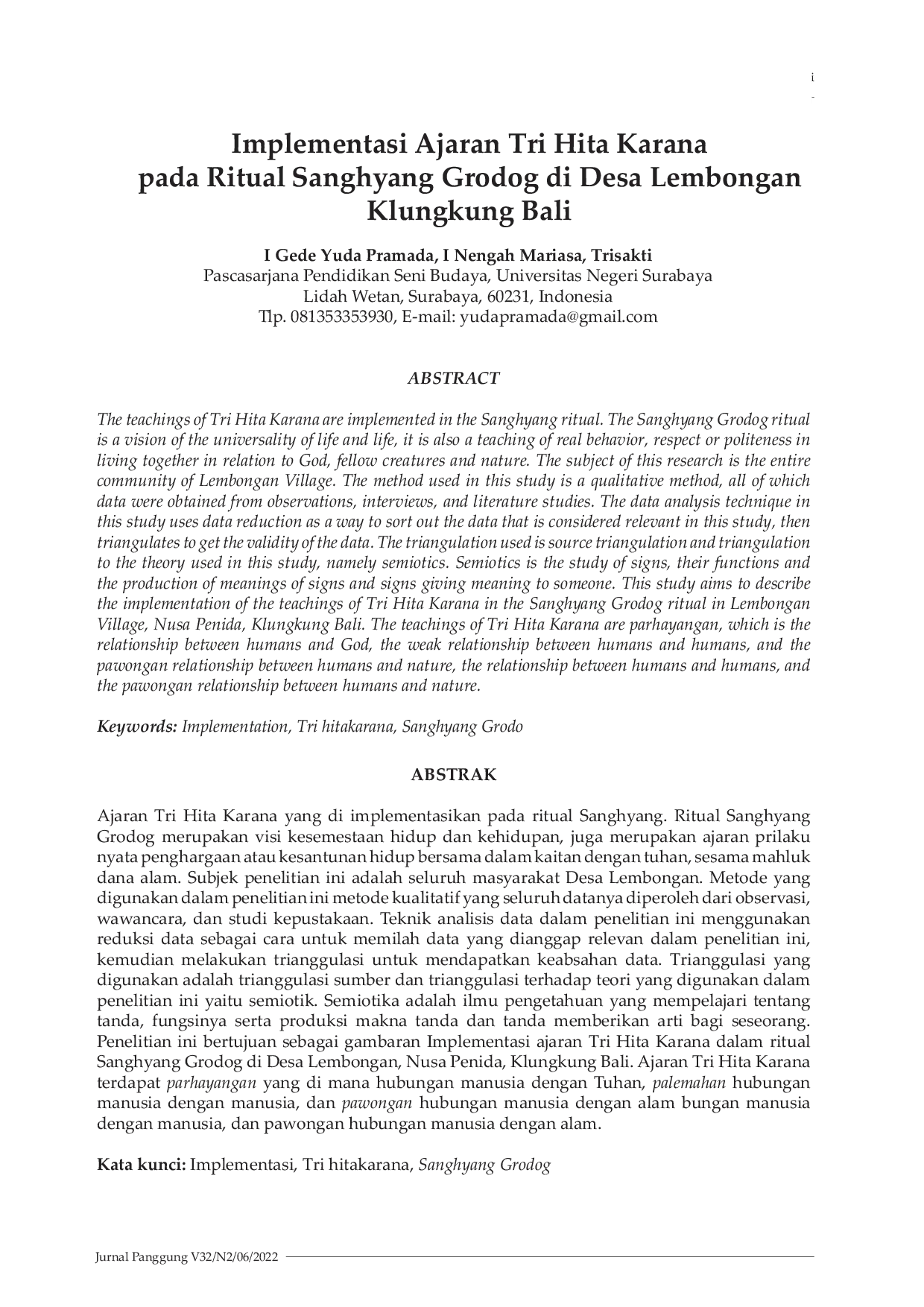 JURIS Implementasi Ajaran Tri Hita Karana pada Ritual Sanghyang Grodog di Desa Lembongan Klungkung Bali