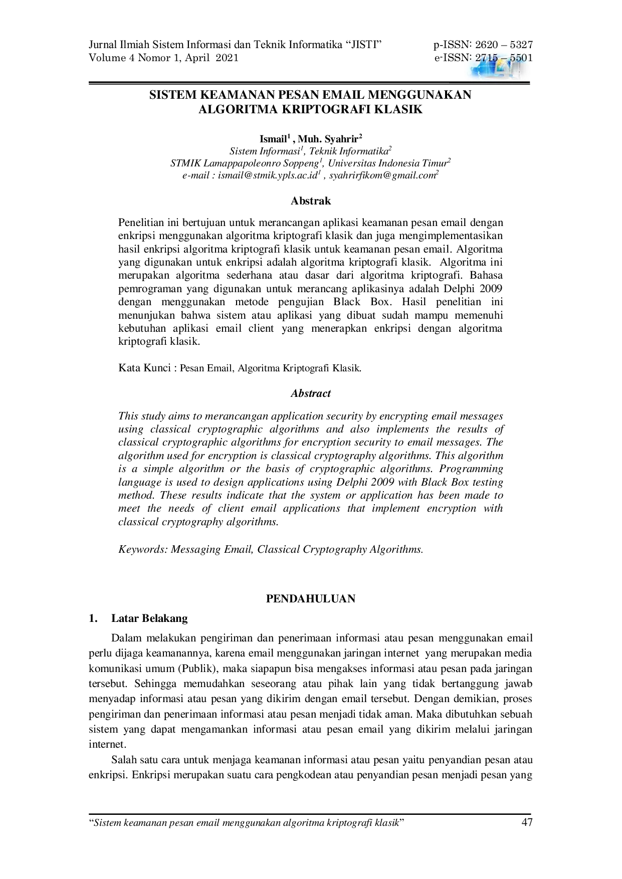 JURIS Sistem keamanan pesan email menggunakan algoritma kriptografi klasik