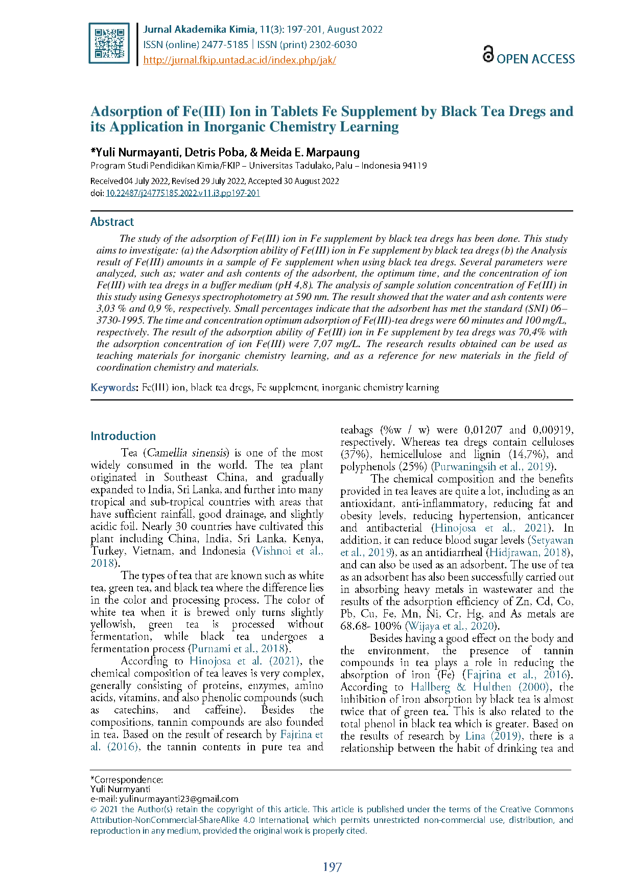 JURIS Adsorpsi Ion Fe III pada Tablet Suplemen Fe oleh Ampas Teh Hitam dan Aplikasinya dalam Pembelajaran Kimia Anorganik