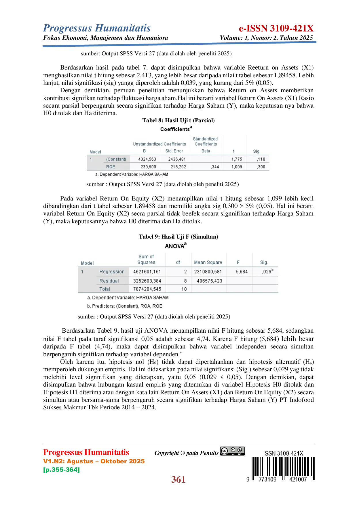 JURIS Pengaruh Return On Assets Dan Return On Equity Terhadap Harga Saham Pada PT Indofood Sukses Makmur Tbk Periode Tahun 2014 2024