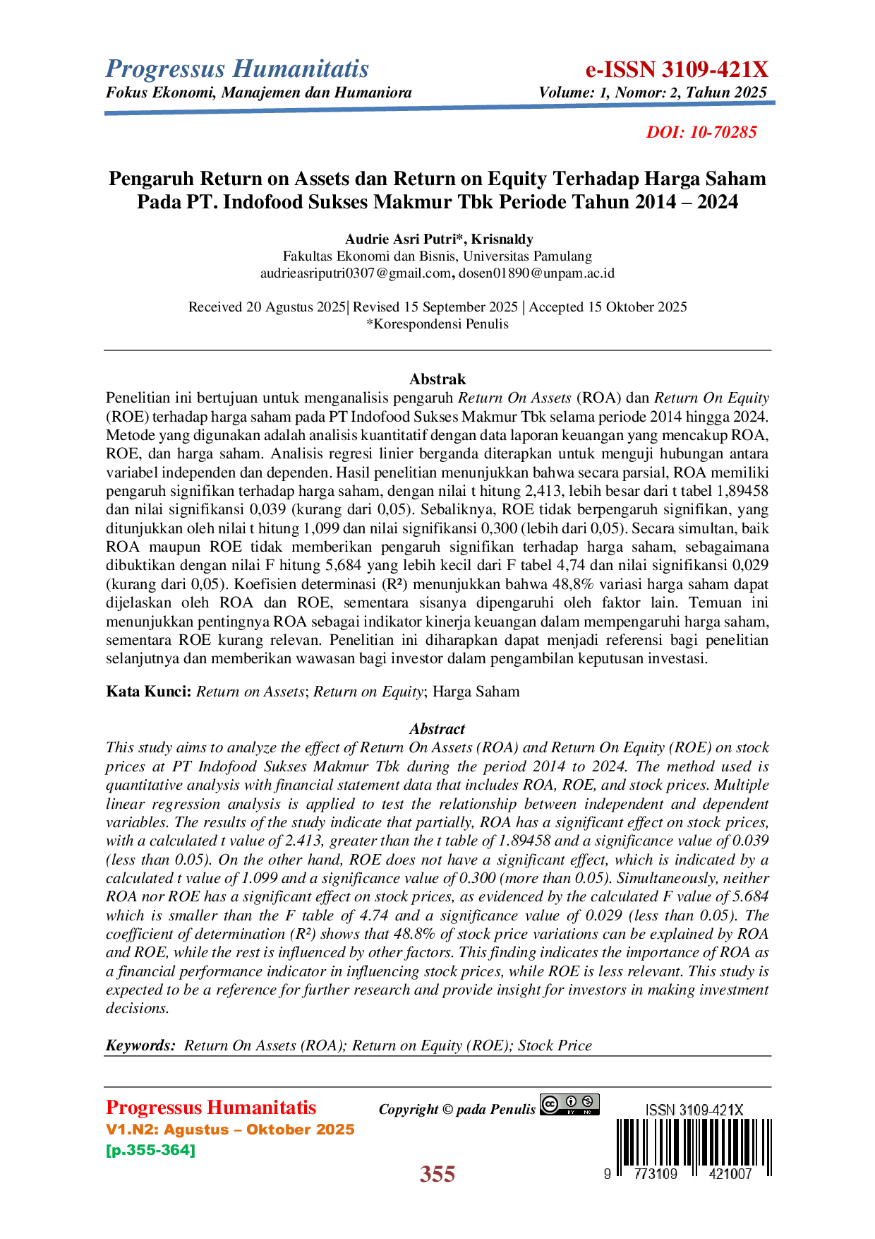JURIS Pengaruh Return On Assets Dan Return On Equity Terhadap Harga Saham Pada PT Indofood Sukses Makmur Tbk Periode Tahun 2014 2024