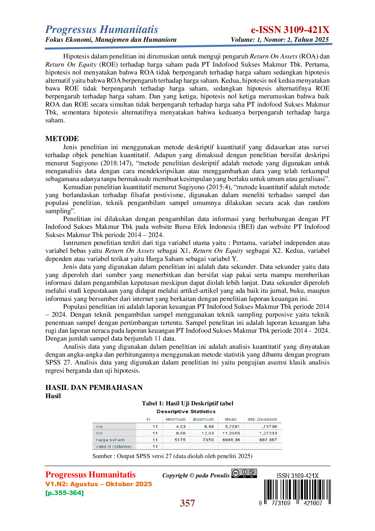 JURIS Pengaruh Return On Assets Dan Return On Equity Terhadap Harga Saham Pada PT Indofood Sukses Makmur Tbk Periode Tahun 2014 2024