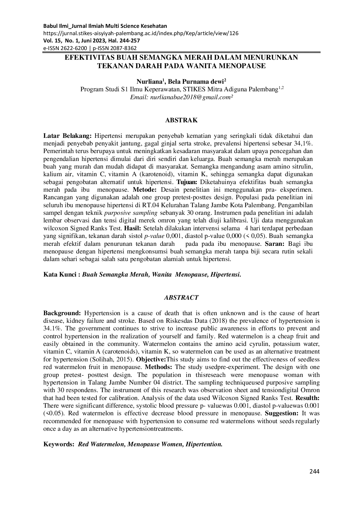 JURIS Efektivitas Buah Semangka Merah Dalam Menurunkan Tekanan Darah Pada Wanita Menopause