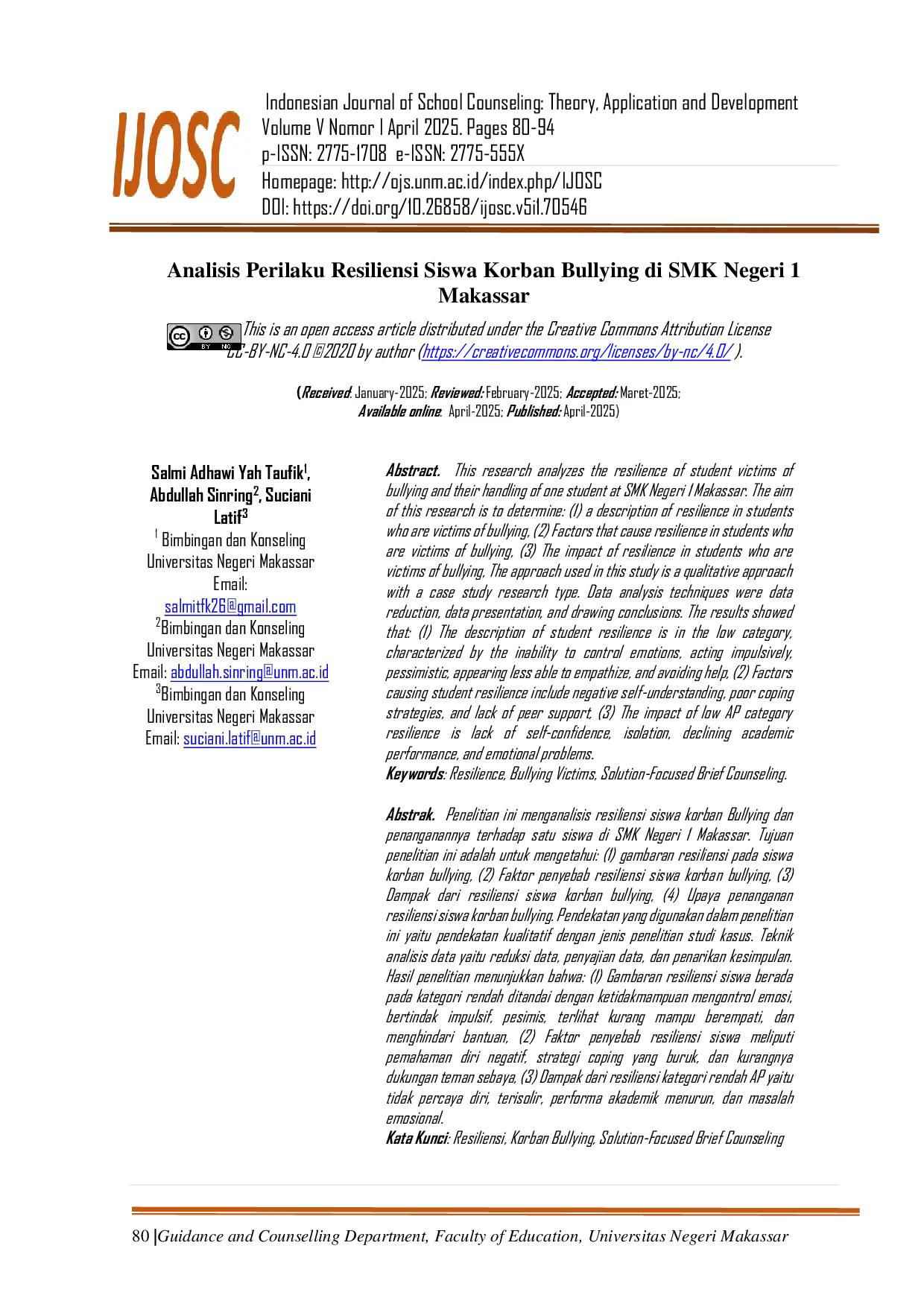 JURIS Analisis Perilaku Resiliensi Siswa Korban Bullying di SMK Negeri 1 Makassar