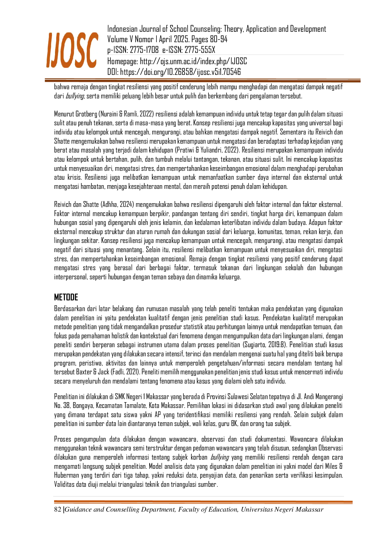 JURIS Analisis Perilaku Resiliensi Siswa Korban Bullying di SMK Negeri 1 Makassar