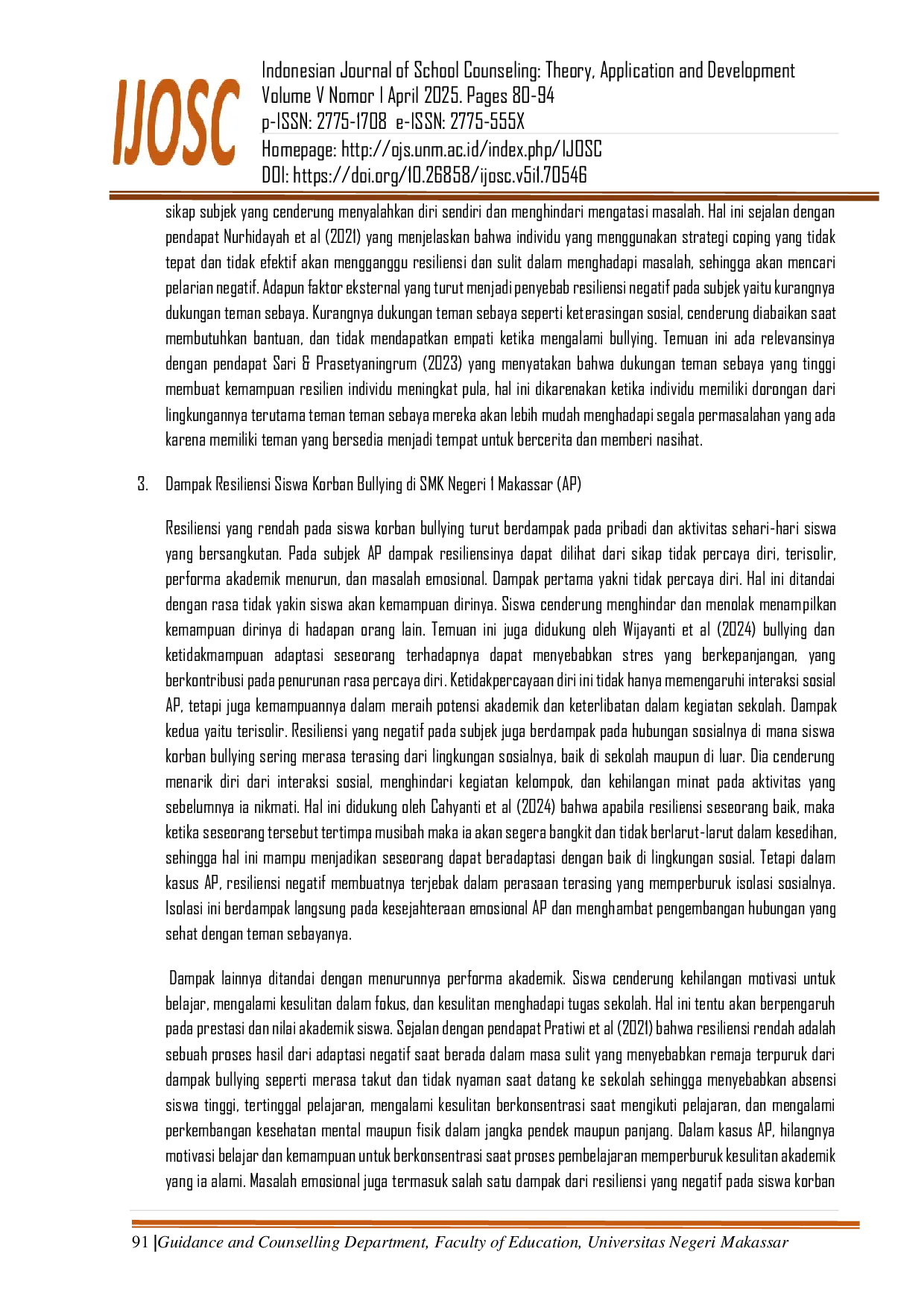 JURIS Analisis Perilaku Resiliensi Siswa Korban Bullying di SMK Negeri 1 Makassar