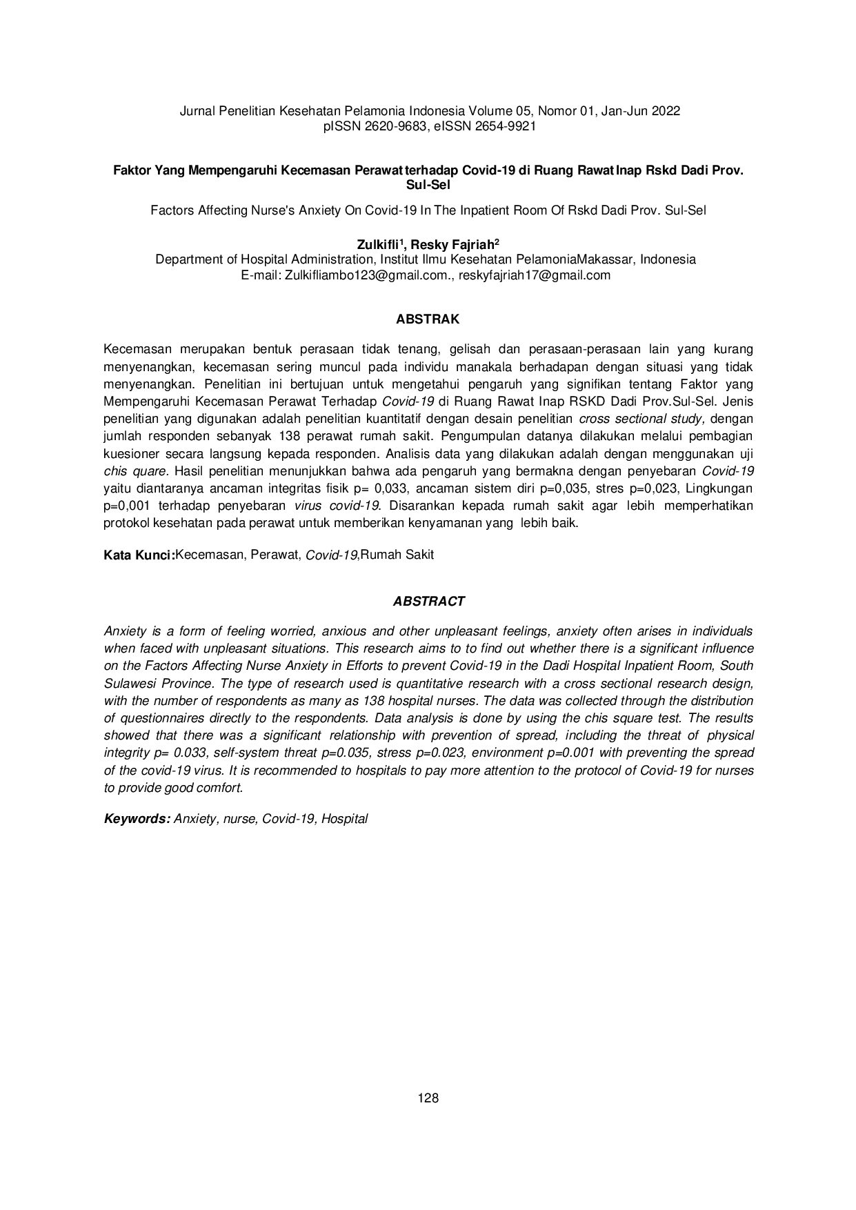 JURIS Faktor Yang Mempengaruhi Kecemasan Perawat Terhadap Covid 19 Di Ruang Rawat Inap Rskd Dadi Prov Sul Sel