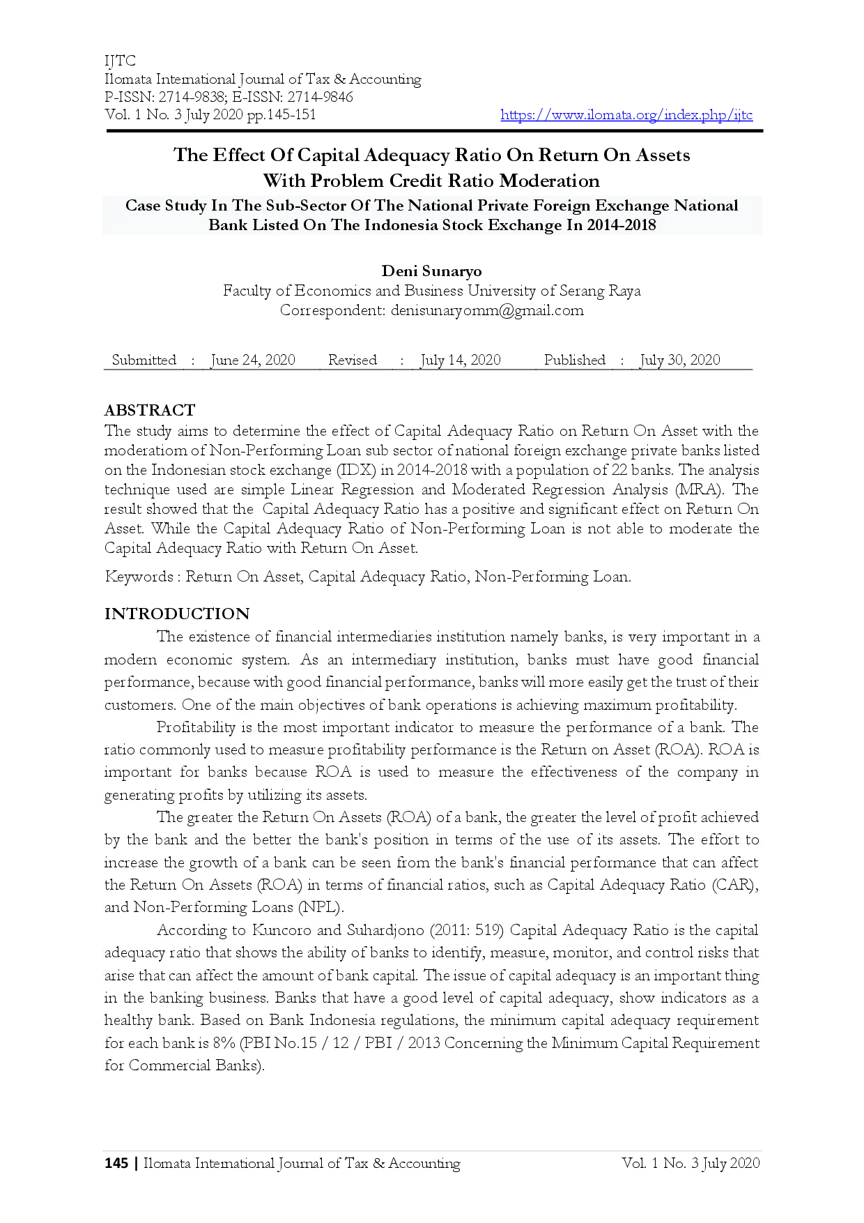 juris The Effect Of Capital Adequacy Ratio On Return On Assets With Problem Credit Ratio Moderation