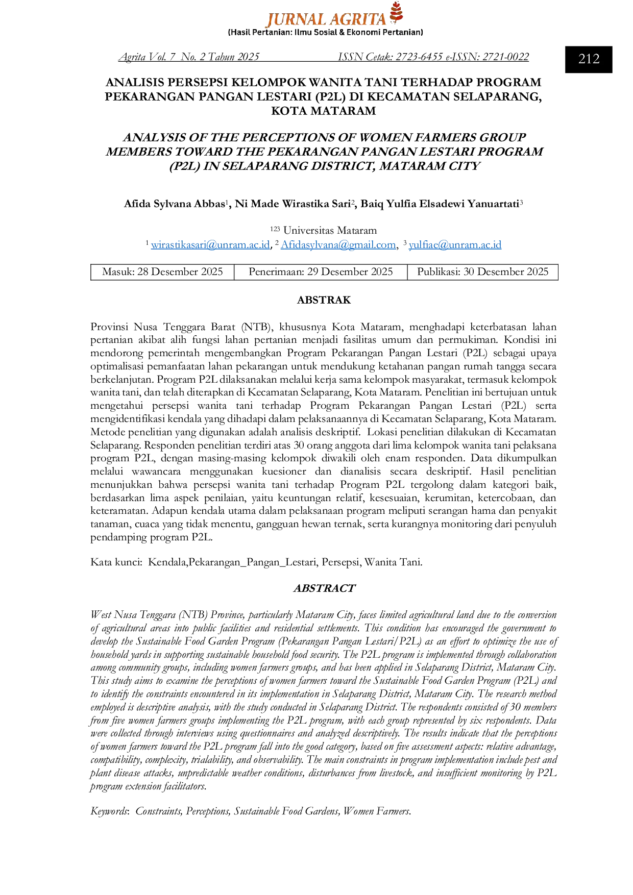 JURIS Analisis Persepsi Kelompok Wanita Tani Terhadap Program Pekarangan Pangan Lestari P2L di Kecamatan Selaparang Kota Mataram