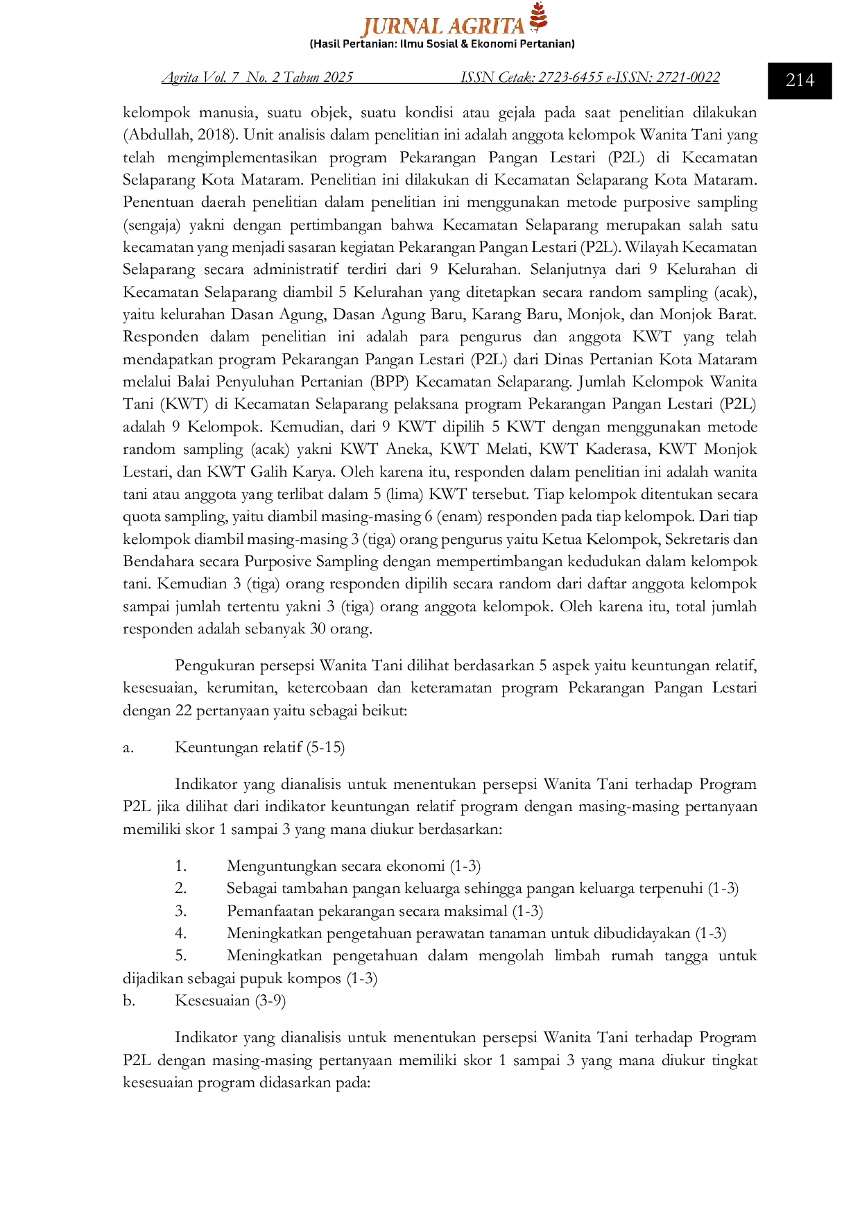 JURIS Analisis Persepsi Kelompok Wanita Tani Terhadap Program Pekarangan Pangan Lestari P2L di Kecamatan Selaparang Kota Mataram