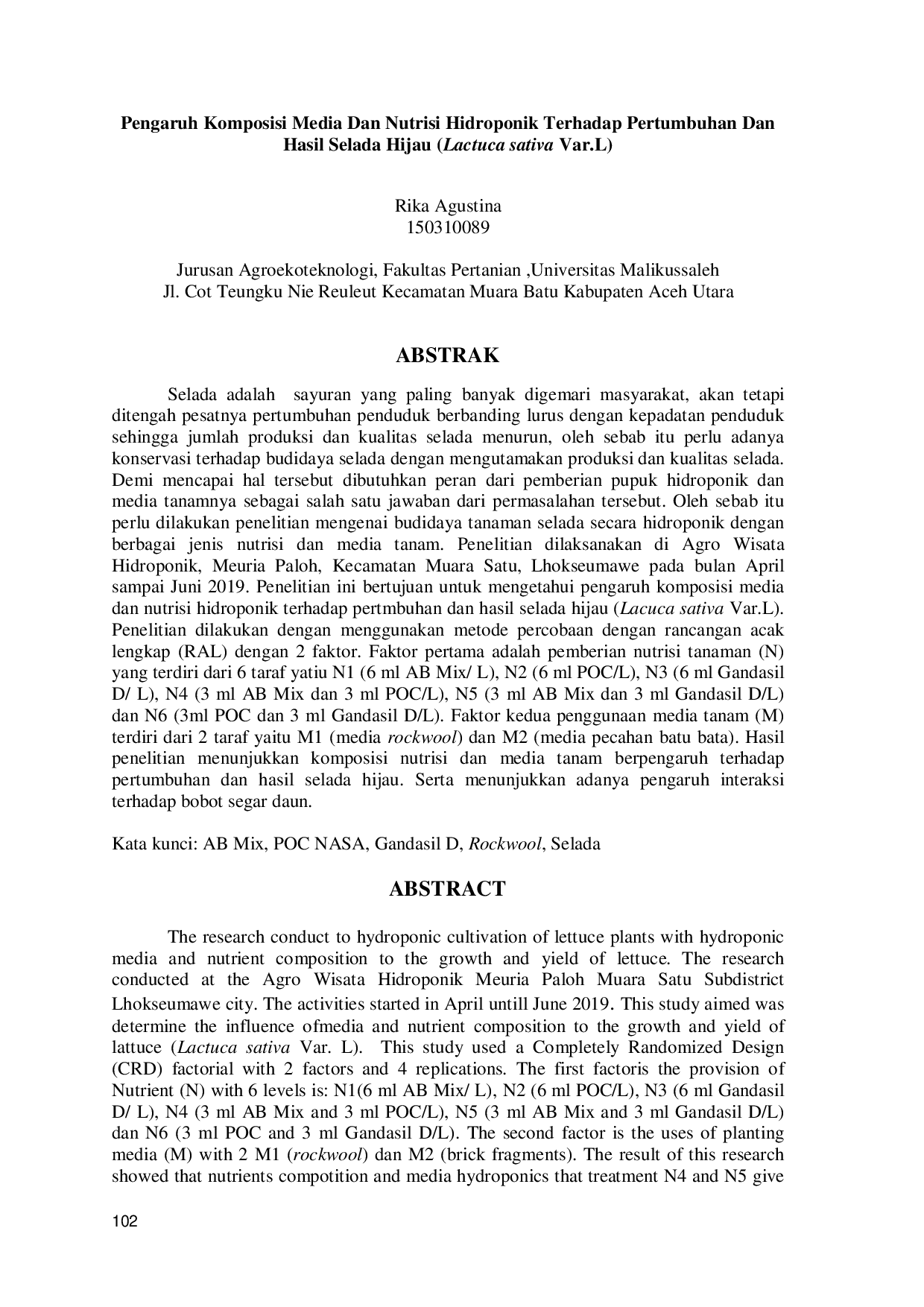 JURIS Pengaruh Komposisi Media Dan Nutrisi Hidroponik Terhadap Pertumbuhan Dan Hasil Selada Hijau Lactuca sativa Var L