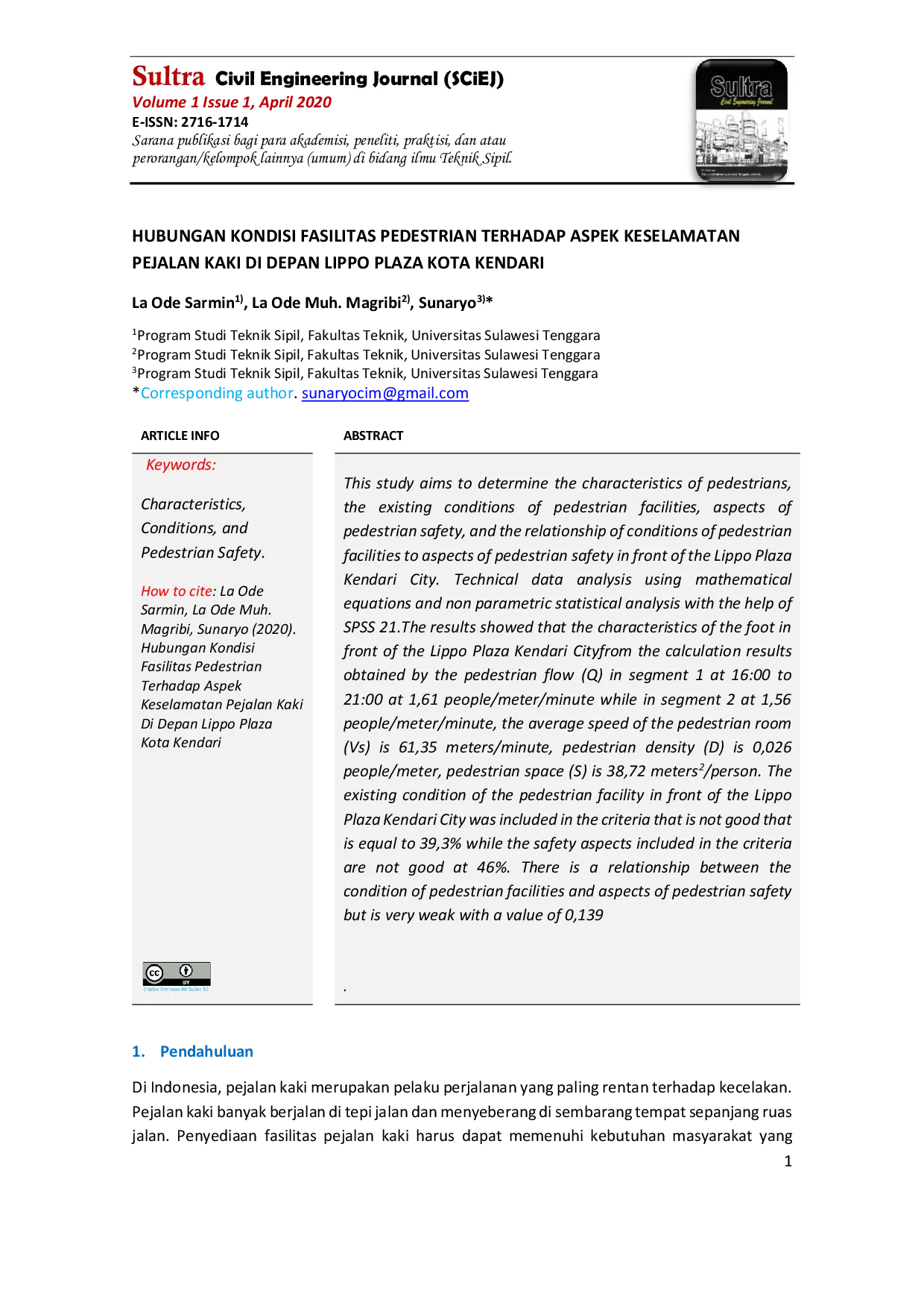 JURIS Hubungan Kondisi Fasilitas Pedestrian Terhadap Aspek Keselamatan Pejalan Kaki Di Depan Lippo Plaza Kota Kendari
