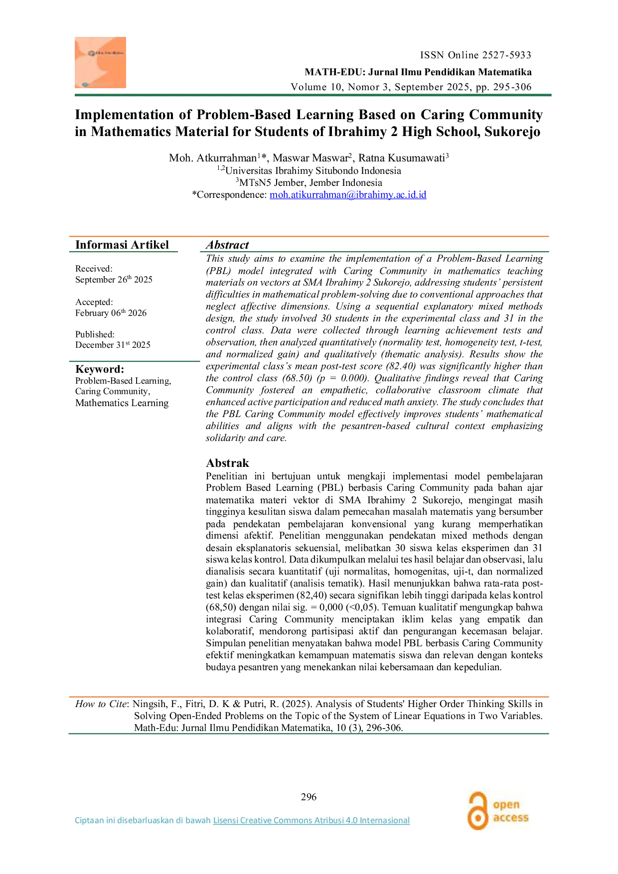 JURIS Implementation of Problem Based Learning Based on Caring Community in Mathematics Teaching Materials for Students of SMA Ibrahimy 2 Sukorejo