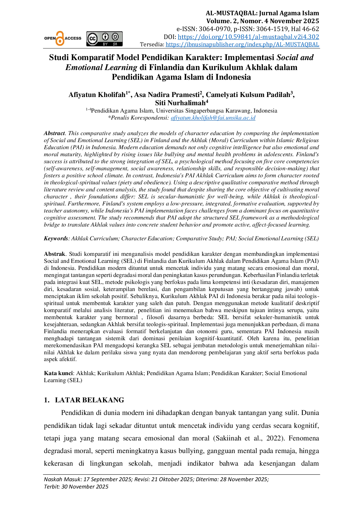 JURIS Studi Komparatif Model Pendidikan Karakter Implementasi Social and Emotional Learning di Finlandia dan Kurikulum Akhlak dalam Pendidikan Agama Islam di Indonesia