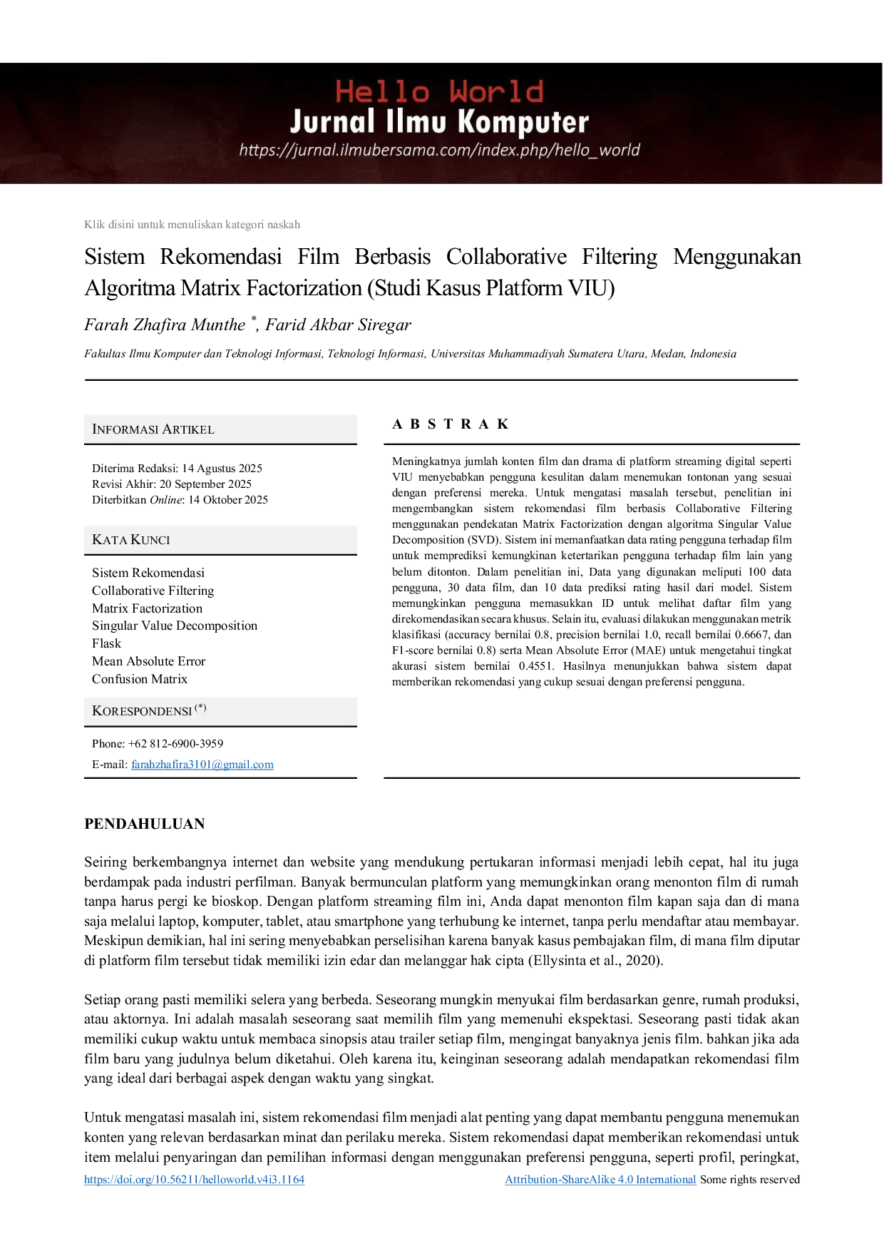 JURIS Sistem Rekomendasi Film Berbasis Collaborative Filtering Menggunakan Algoritma Matrix Factorization Studi Kasus Platform VIU