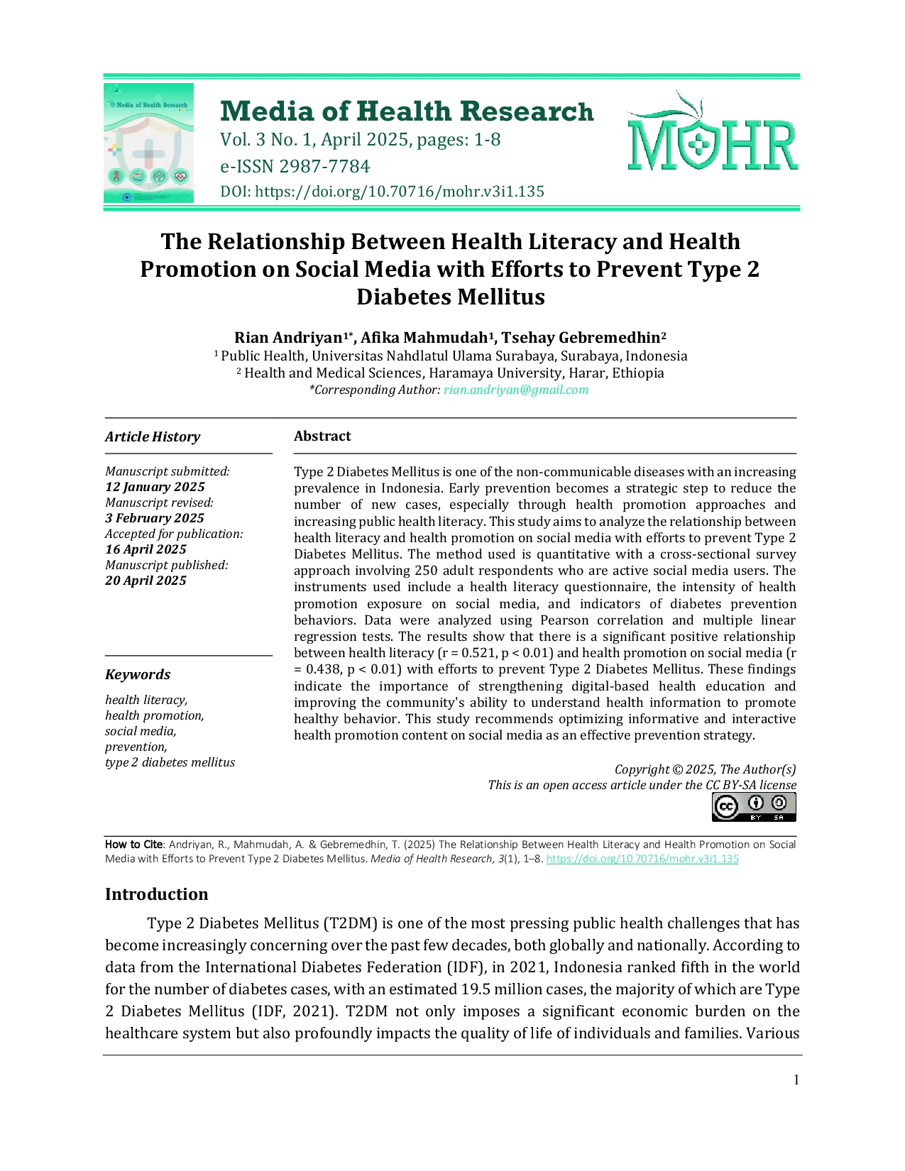 JURIS The Relationship Between Health Literacy and Health Promotion on Social Media with Efforts to Prevent Type 2 Diabetes Mellitus