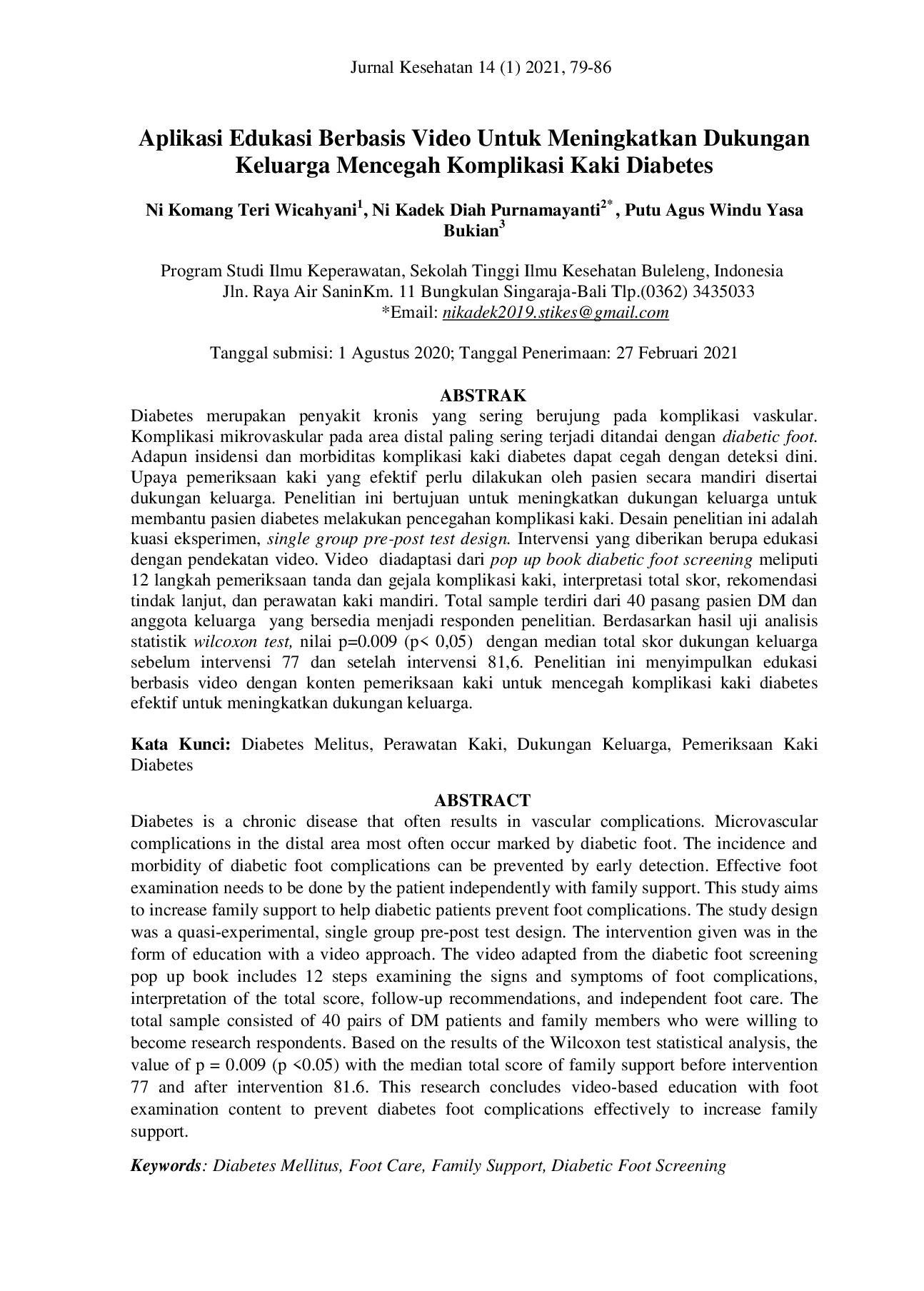 JURIS Aplikasi Edukasi Berbasis Video Untuk Meningkatkan Dukungan Keluarga Mencegah Komplikasi Kaki Diabetes