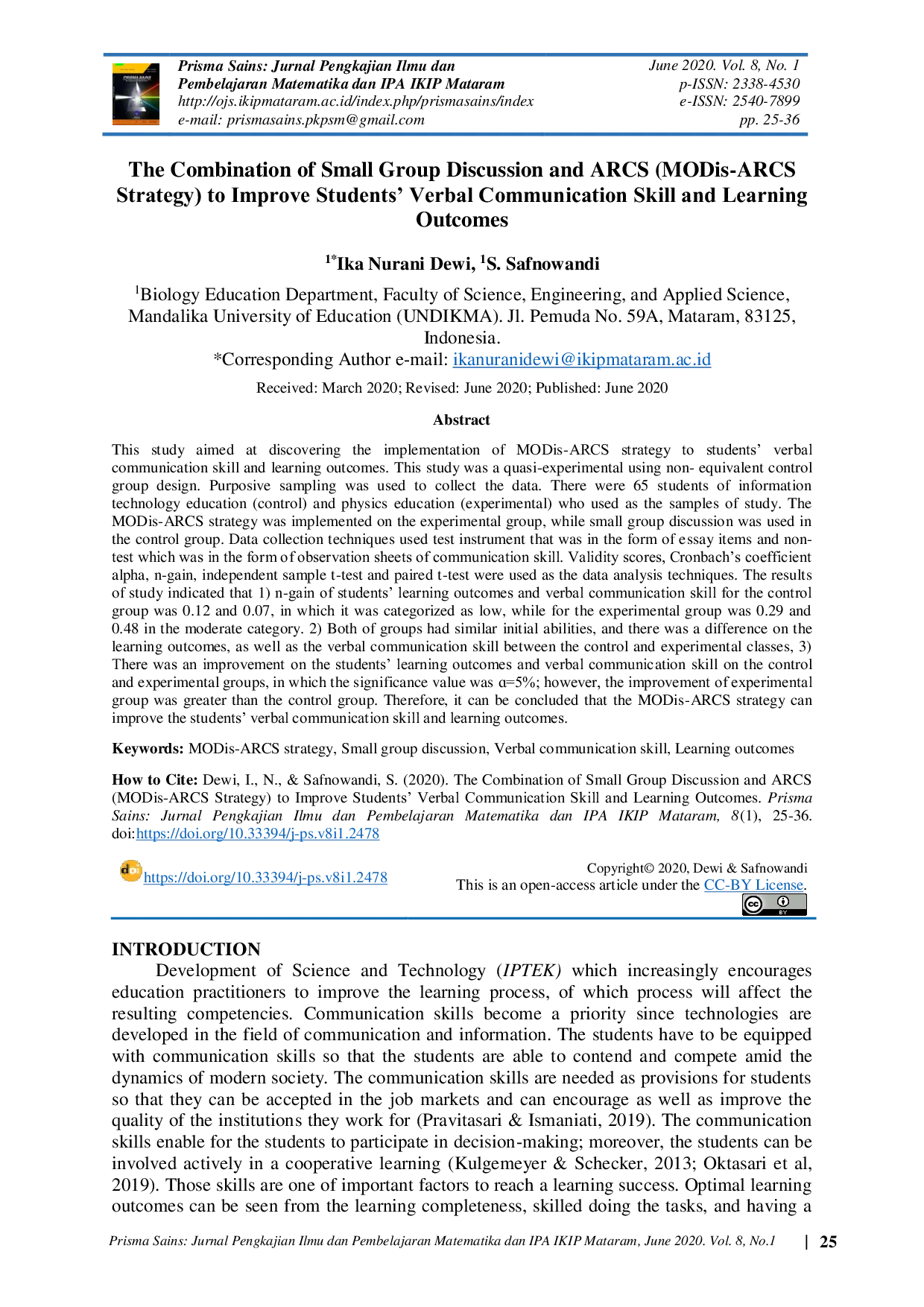 JURIS The Combination of Small Group Discussion and ARCS MODis ARCS Strategy to Improve Students Verbal Communication Skill And Learning Outcomes
