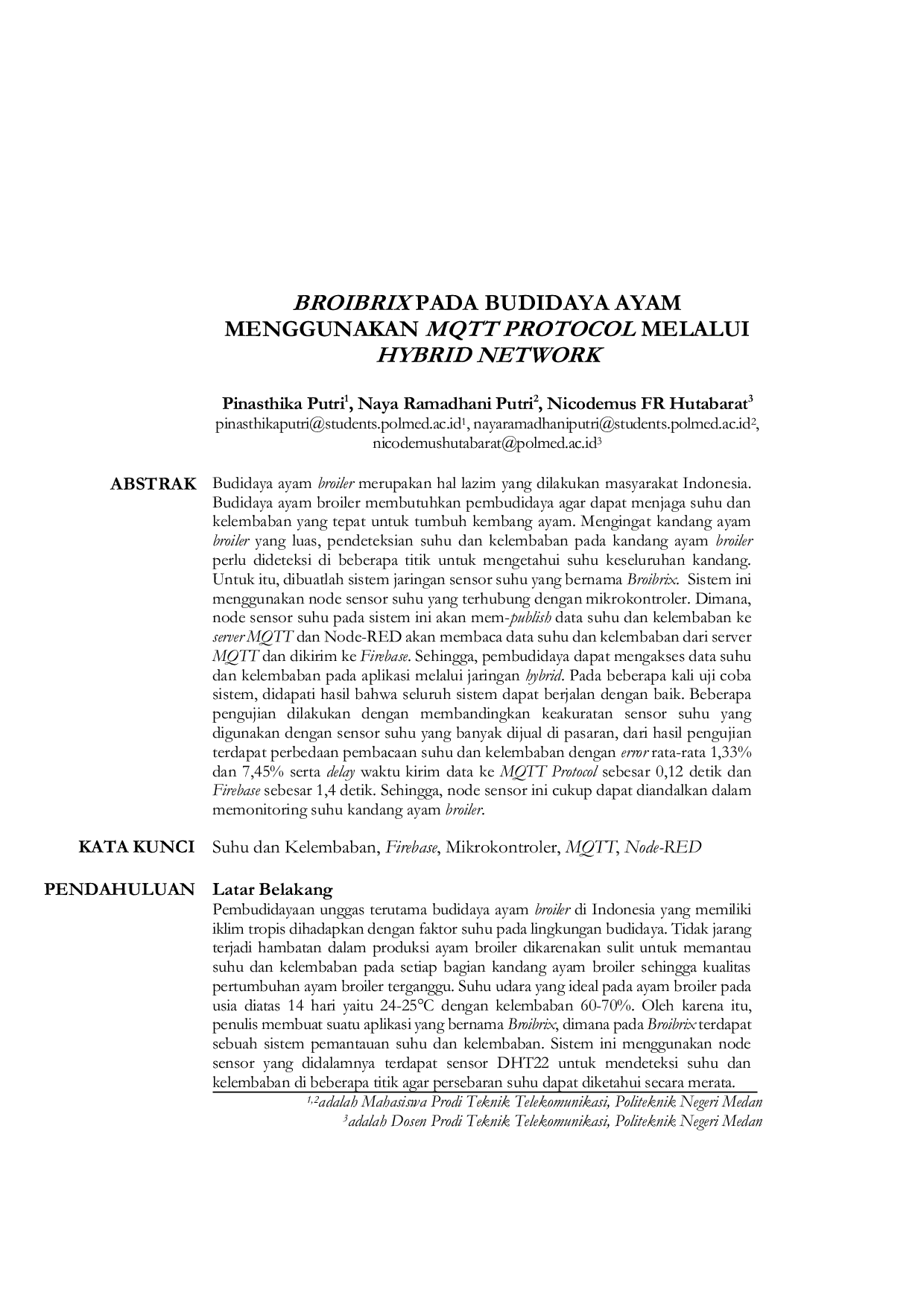 JURIS Broibrix Pada Budidaya Ayam Menggunakan Mqtt Protocol Melalui Hybrid Network