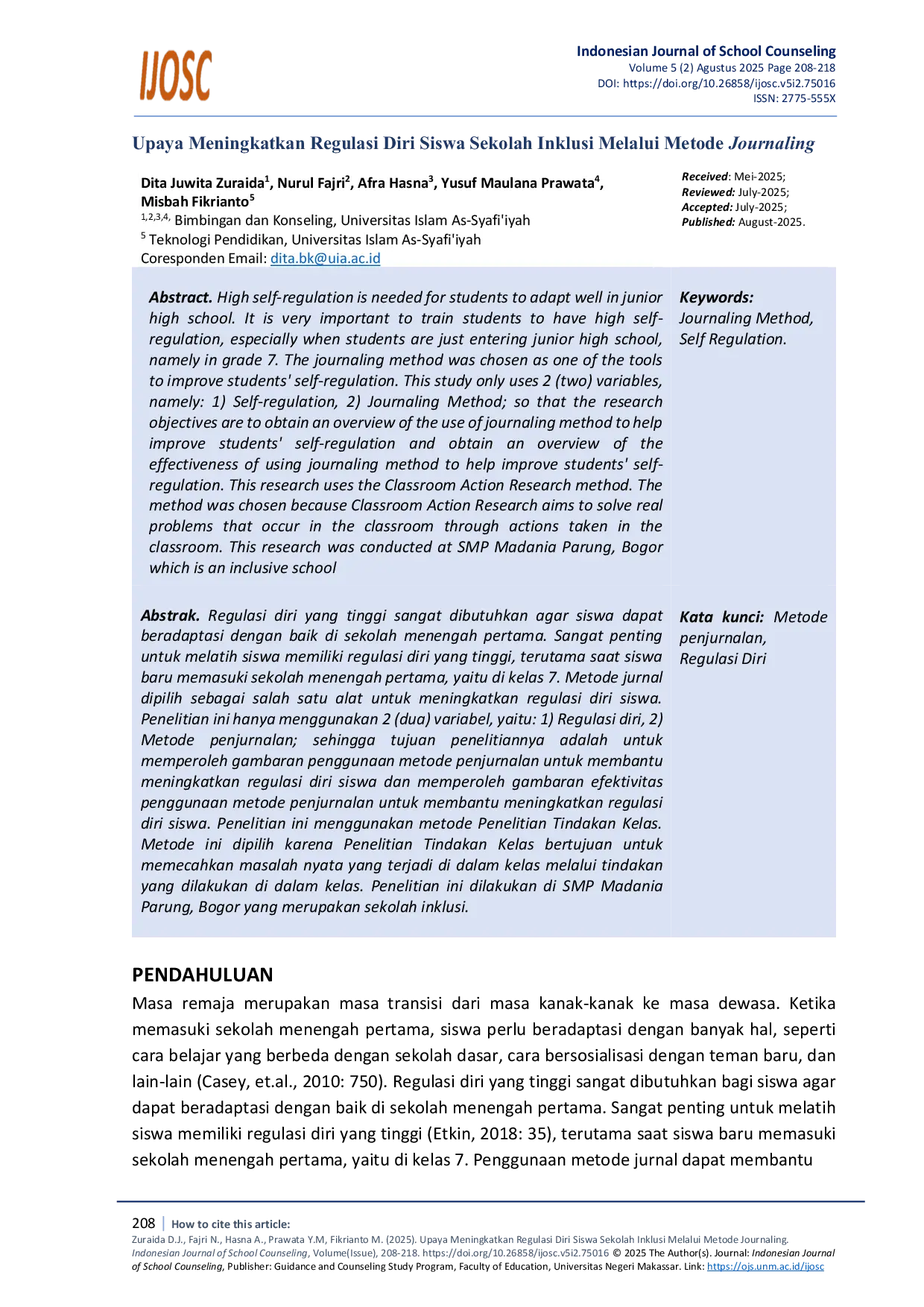 JURIS Upaya Meningkatkan Regulasi Diri Siswa Sekolah Inklusi Melalui Metode Journaling