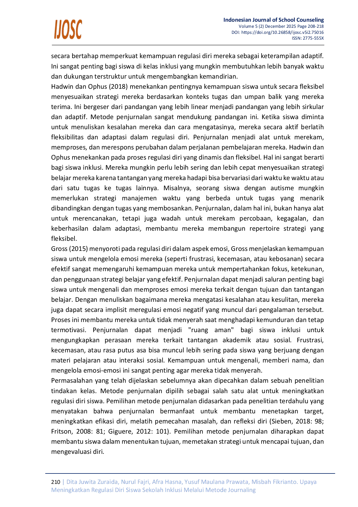 JURIS Upaya Meningkatkan Regulasi Diri Siswa Sekolah Inklusi Melalui Metode Journaling