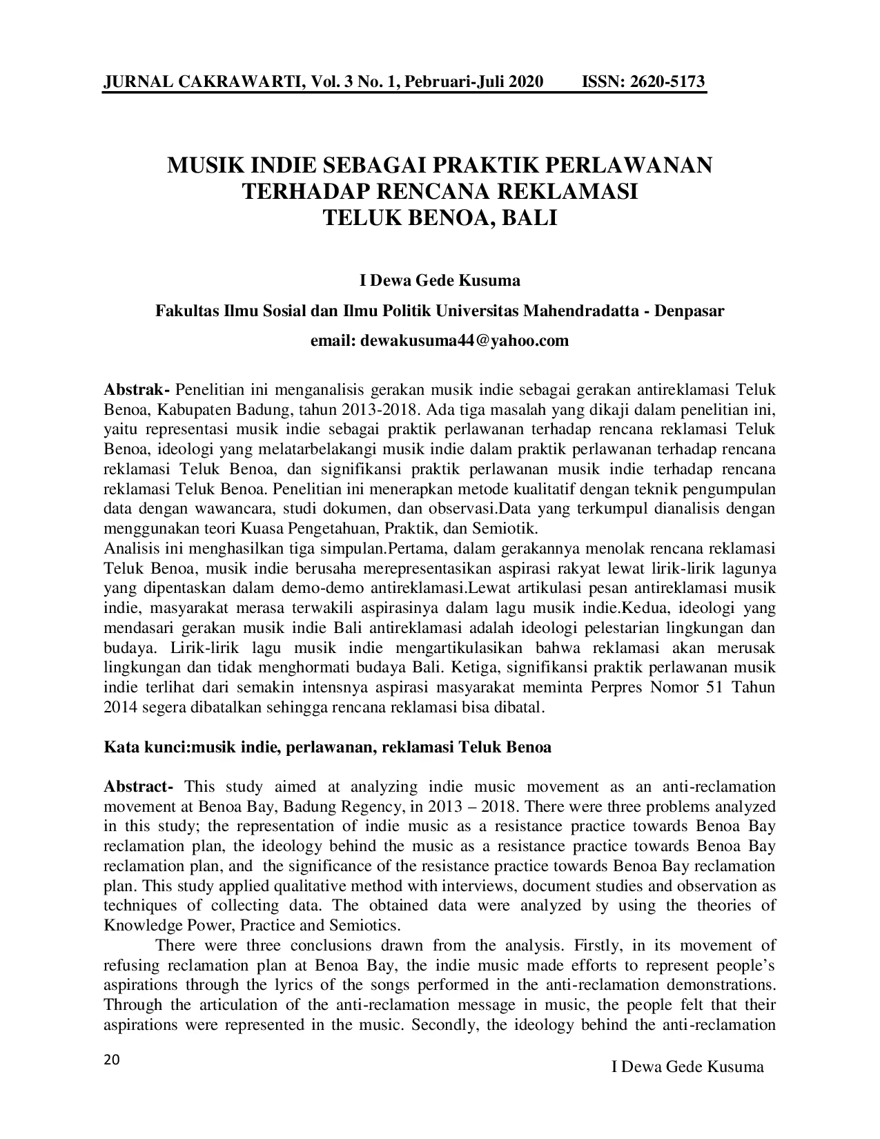 JURIS Musik Indie Sebagai Praktik Perlawanan Terhadap Rencana Reklamasi Teluk Benoa Bali