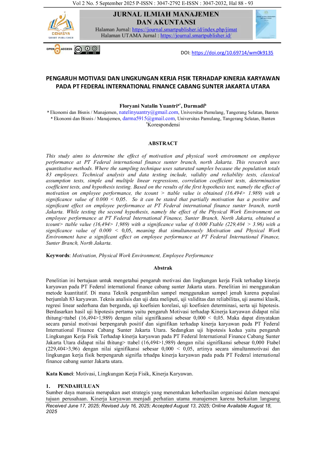 JURIS Pengaruh Motivasi dan Lingkungan Kerja Fisik Terhadap Kinerja Karyawan Pada PT Federal International Finance Cabang Sunter Jakarta Utara