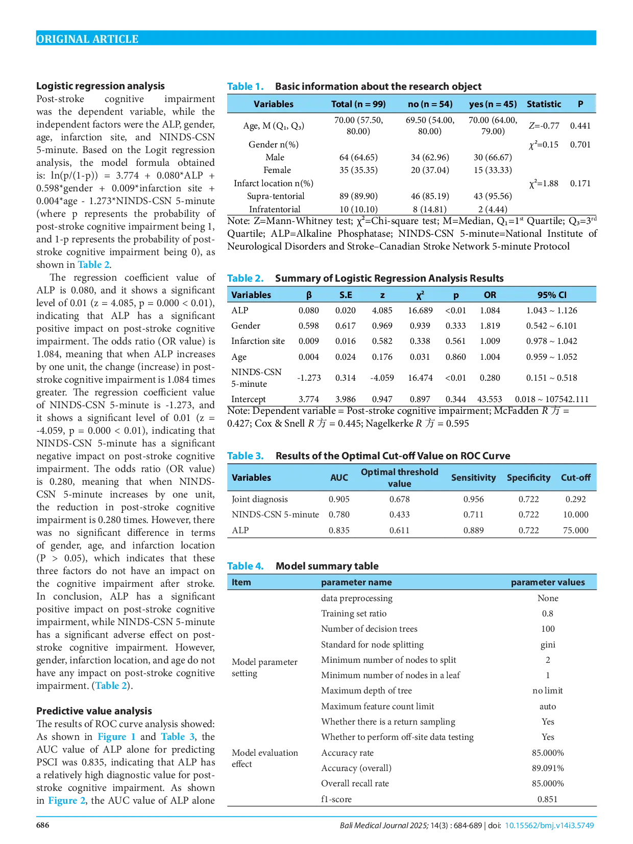 JURIS Discussing the predictive value of serum alkaline phosphatase combined with the NINDS CSN 5 minute test scale for cognitive impairment after acute ischemic stroke