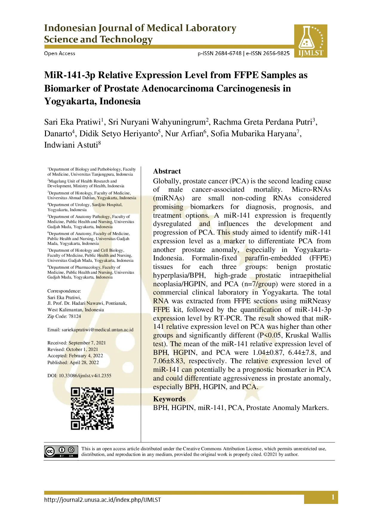 juris MiR 141 3p Relative Expression Level from FFPE Samples as Biomarker of Prostate Adenocarcinoma Carcinogenesis in Yogyakarta Indonesia