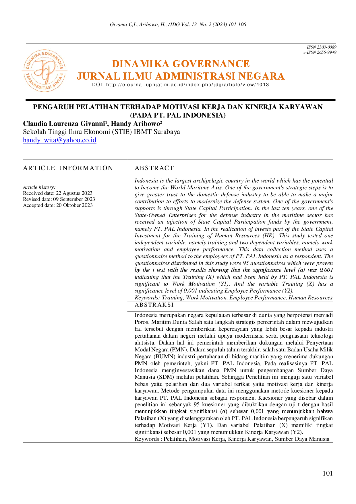 juris Pengaruh Pelatihan Terhadap Motivasi Kerja Dan Kinerja Karyawan Pada Pt Pal Indonesia