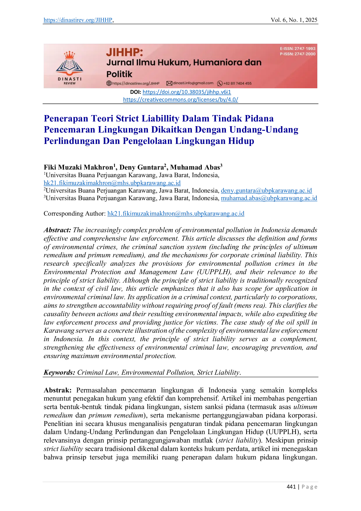 JURIS Penerapan Teori Strict Liabillity dalam Tindak Pidana Pencemaran Lingkungan Dikaitkan dengan Undang Undan