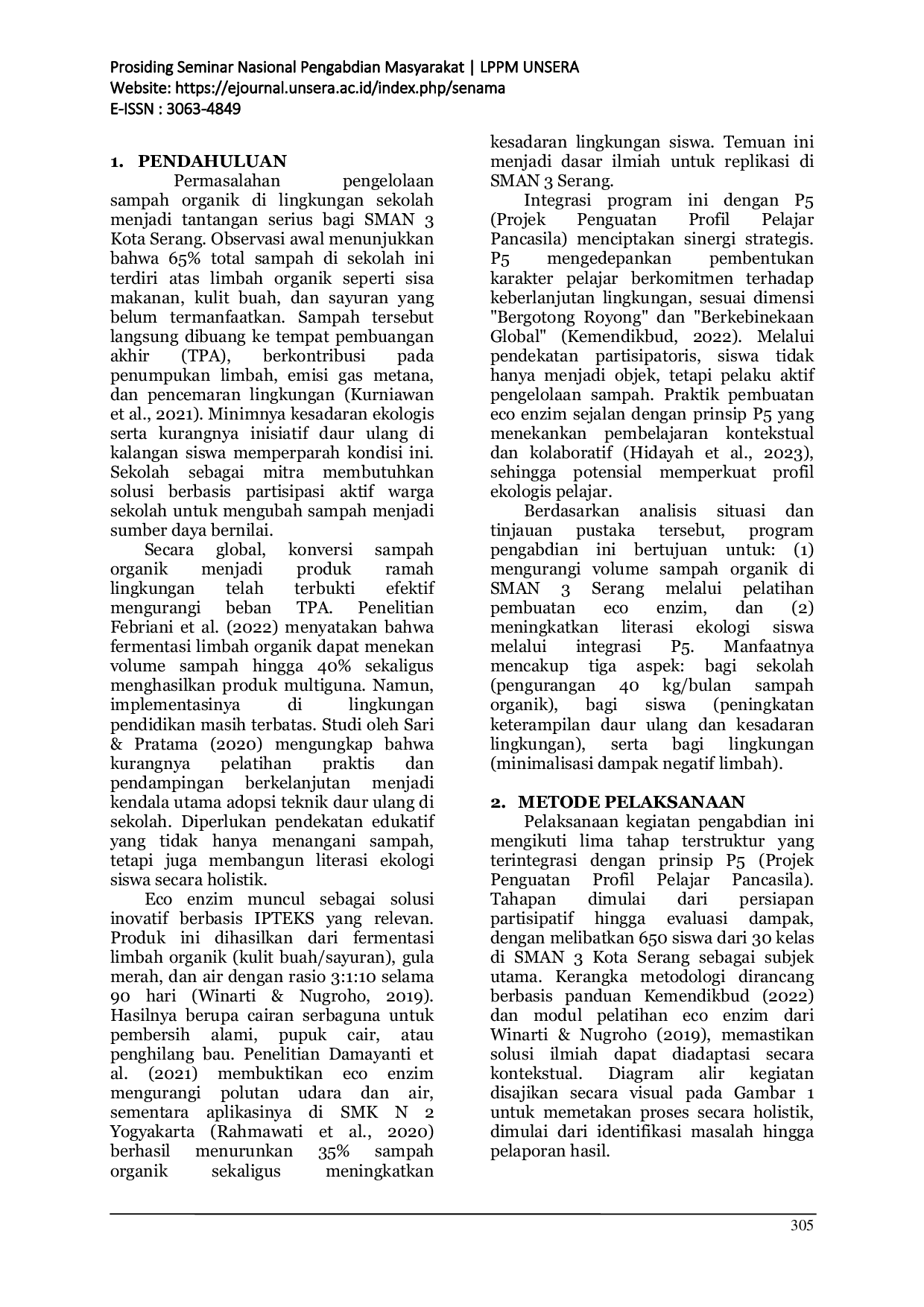 JURIS Dampak Pelatihan Eco Enzim terhadap Pengurangan Sampah Organik dan Peningkatan Literasi Ekologi Siswa Implementasi P5 di SMAN 3 Kota Serang