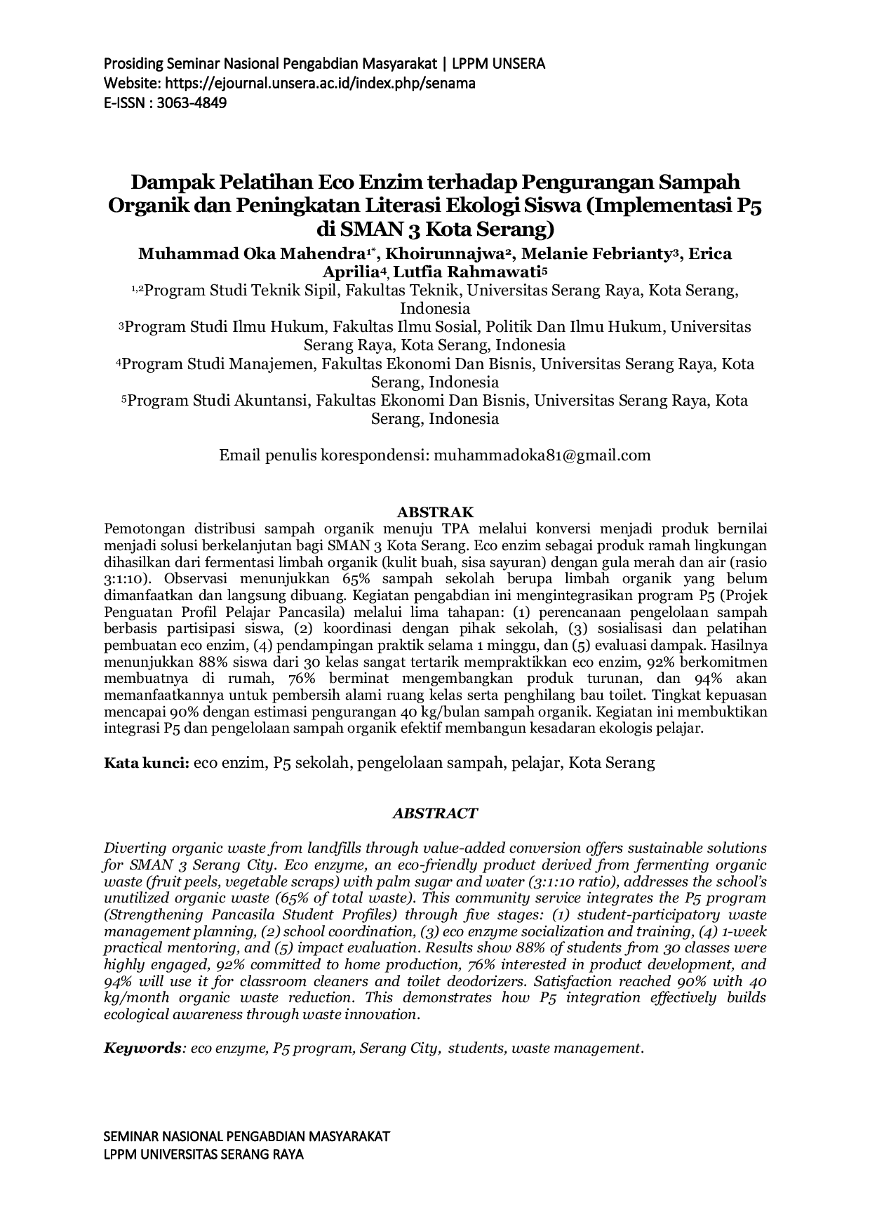 JURIS Dampak Pelatihan Eco Enzim terhadap Pengurangan Sampah Organik dan Peningkatan Literasi Ekologi Siswa Implementasi P5 di SMAN 3 Kota Serang