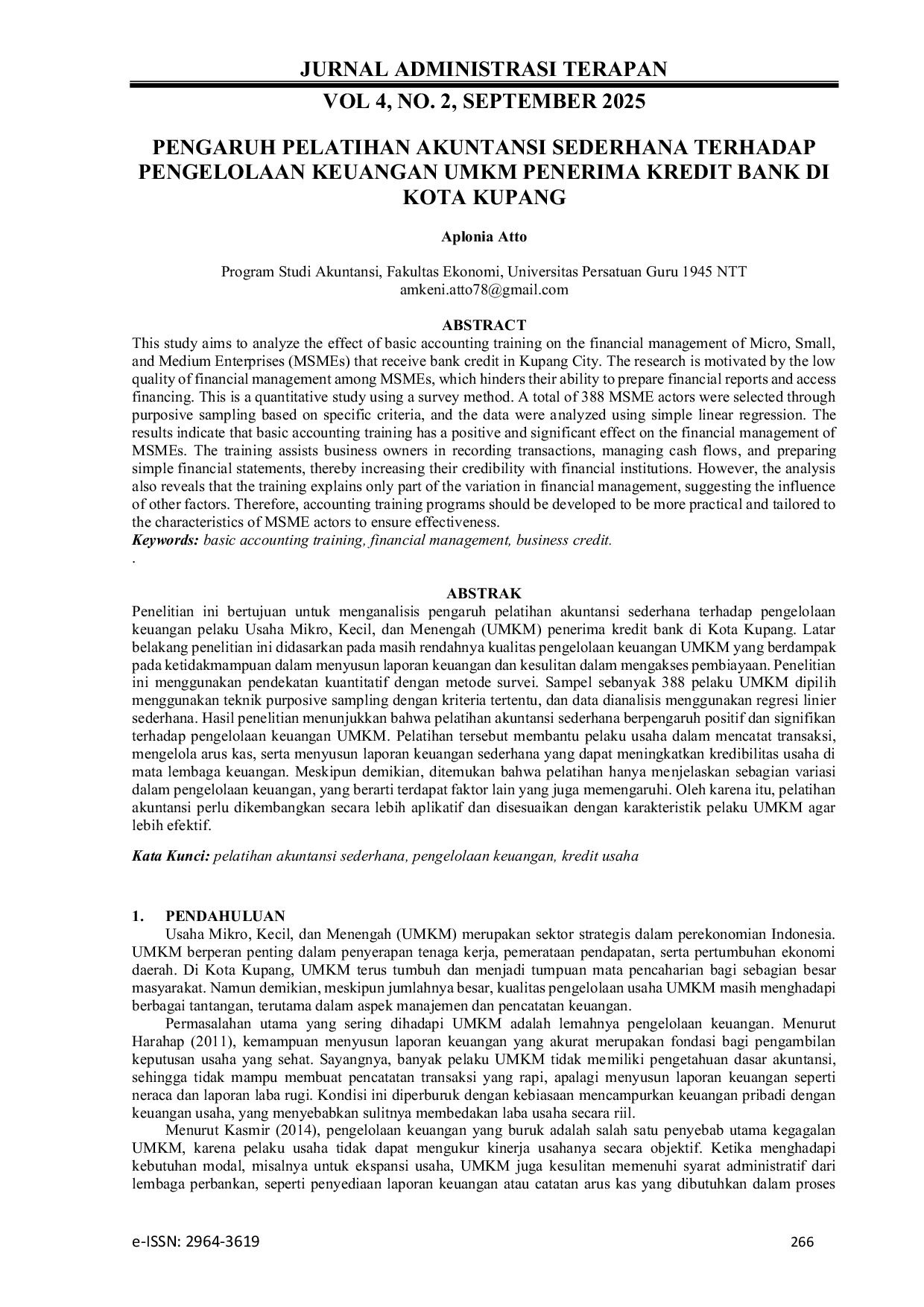 JURIS PENGARUH PELATIHAN AKUNTANSI SEDERHANA TERHADAP PENGELOLAAN KEUANGAN UMKM PENERIMA KREDIT BANK DI KOTA KUPANG
