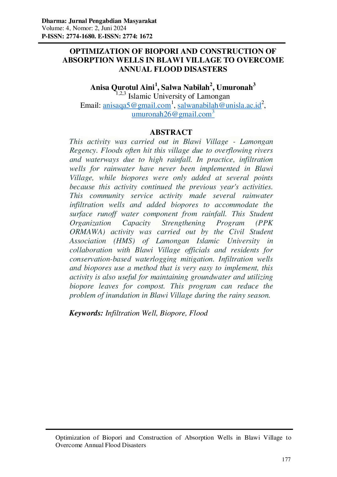 JURIS Optimization of Biopori and Construction of Absorption Wells in Blawi Village to Overcome Annual Flood Disasters