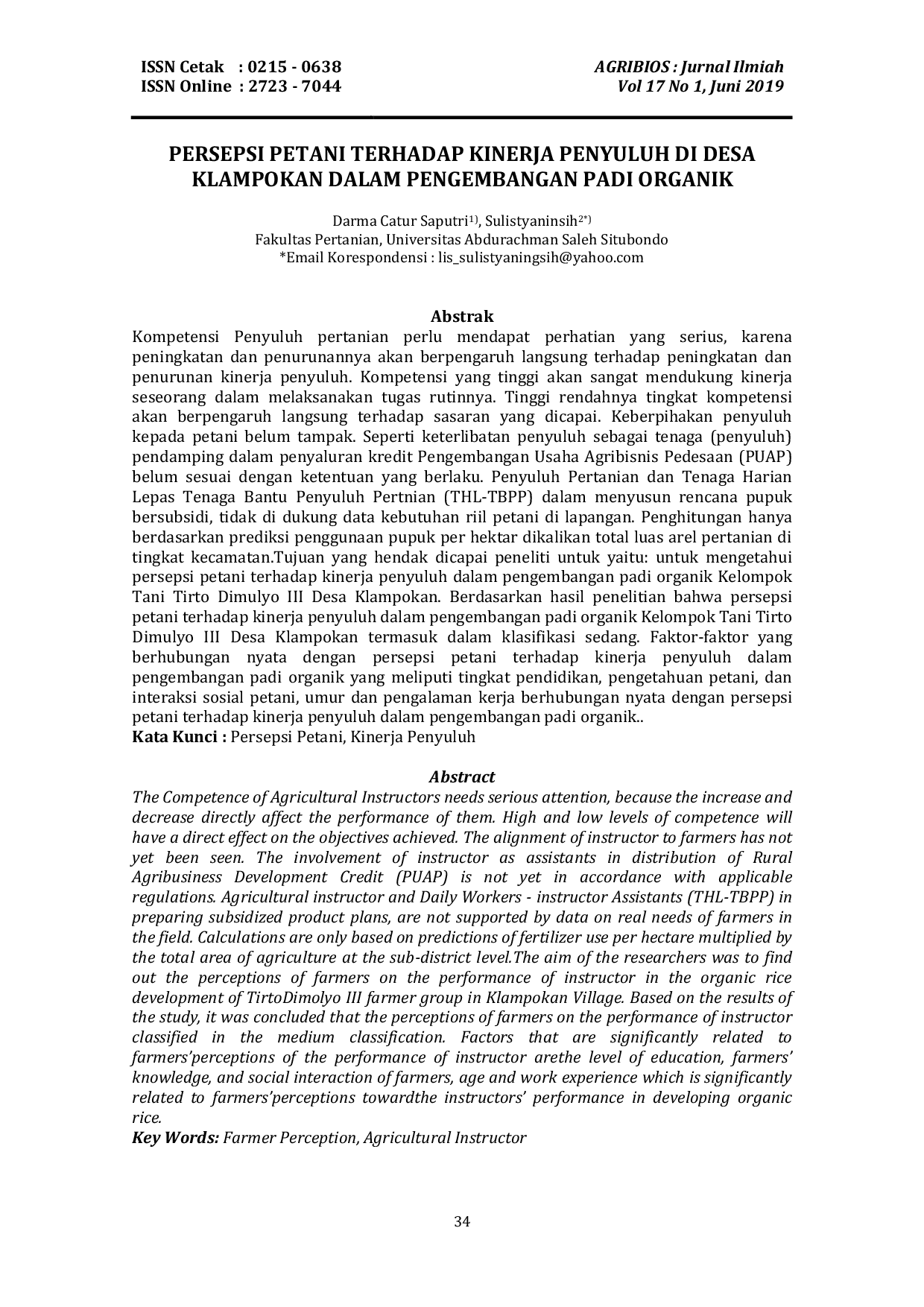 JURIS Persepsi Petani Terhadap Kinerja Penyuluh di Desa Klampokan dalam Pengembangan Padi Organik