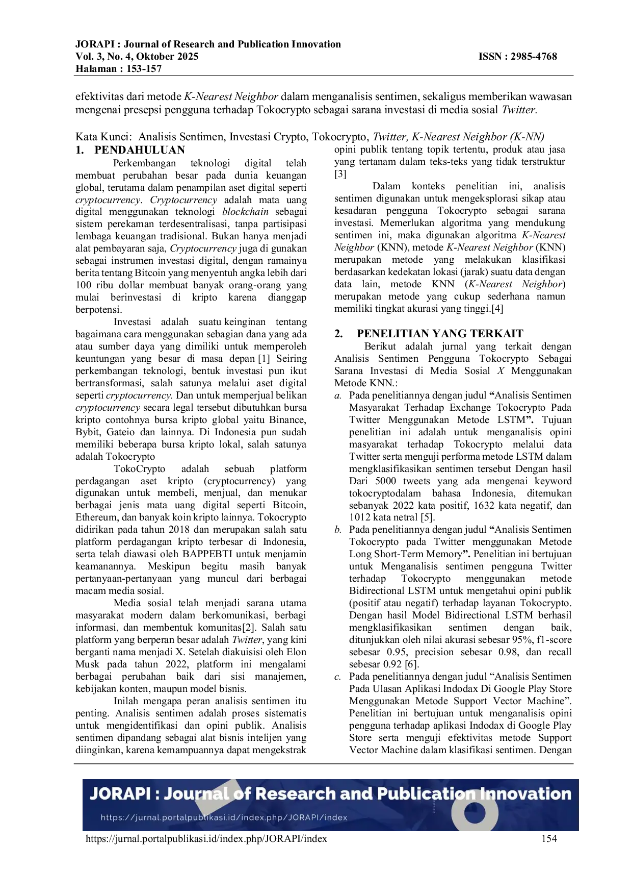 JURIS Analisis Sentimen Pengguna Tokocrypto Sebagai Sarana Investasi Di Media Sosial X Menggunakan Metode Knn