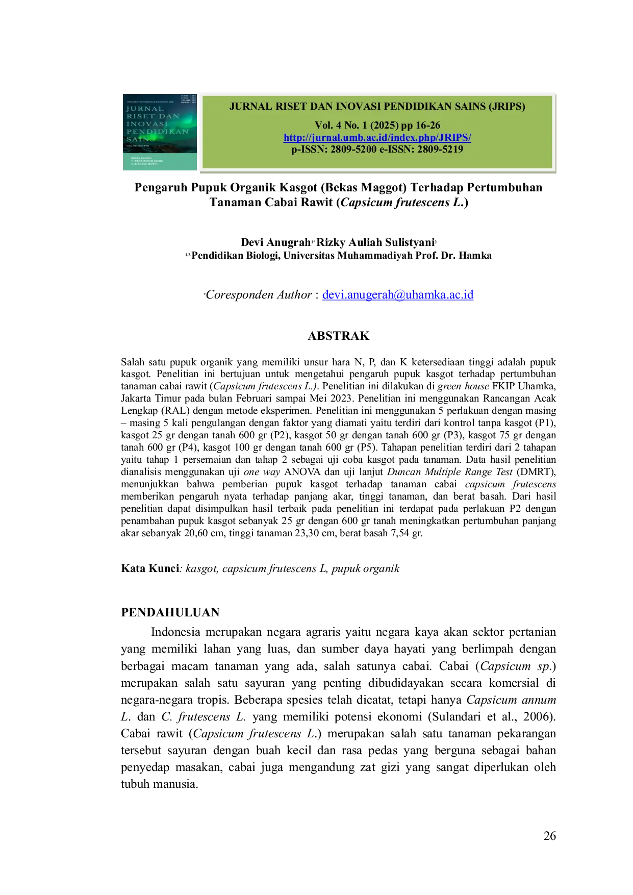 JURIS Pengaruh Pupuk Organik Kasgot Bekas Maggot Terhadap Pertumbuhan Tanaman Cabai Rawit Capsicum frutescens L