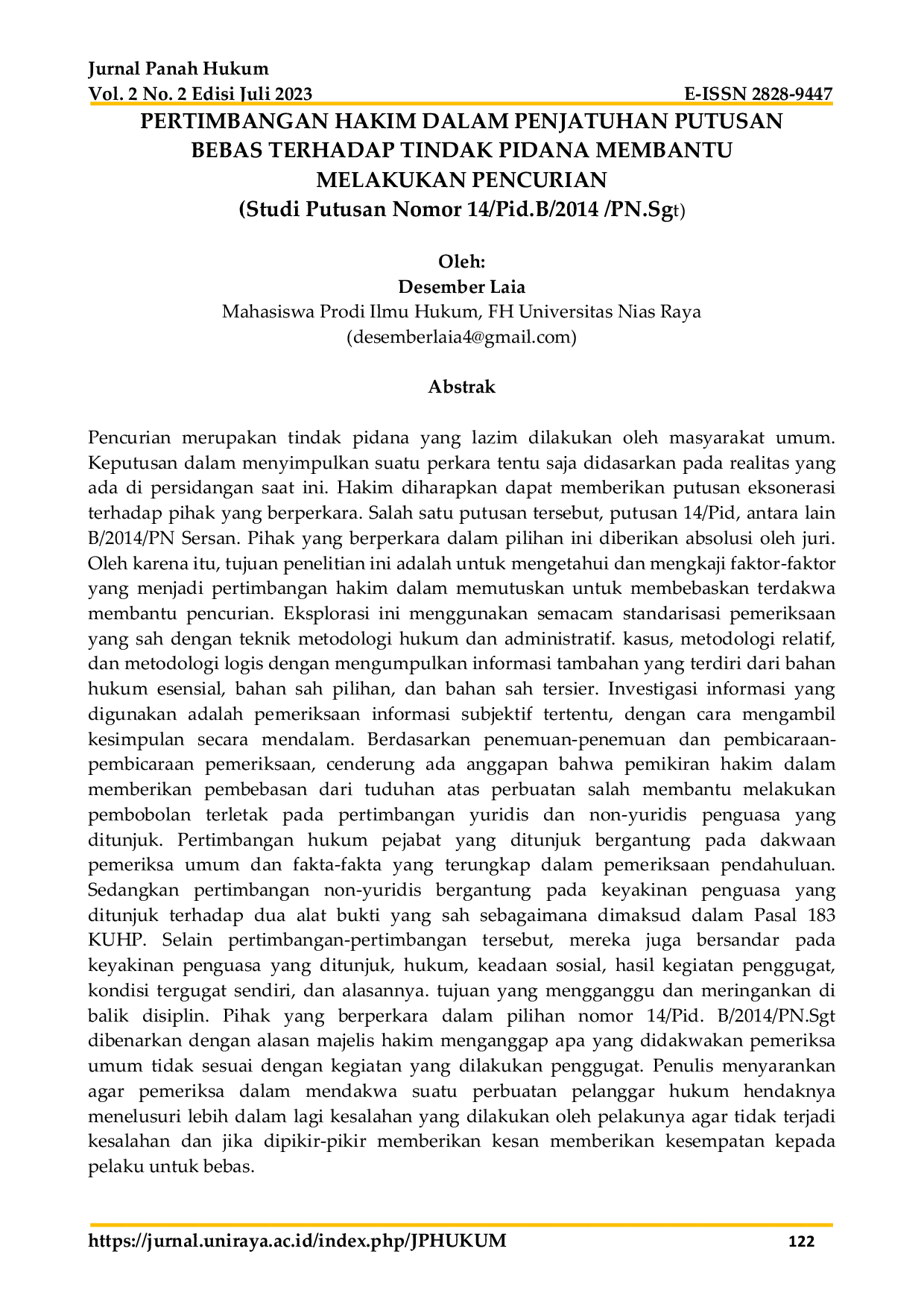 JURIS Pertimbangan Hakim Dalam Penjatuhan Putusan Bebas Terhadap Tindak Pidana Membantu Melakukan Pencurian