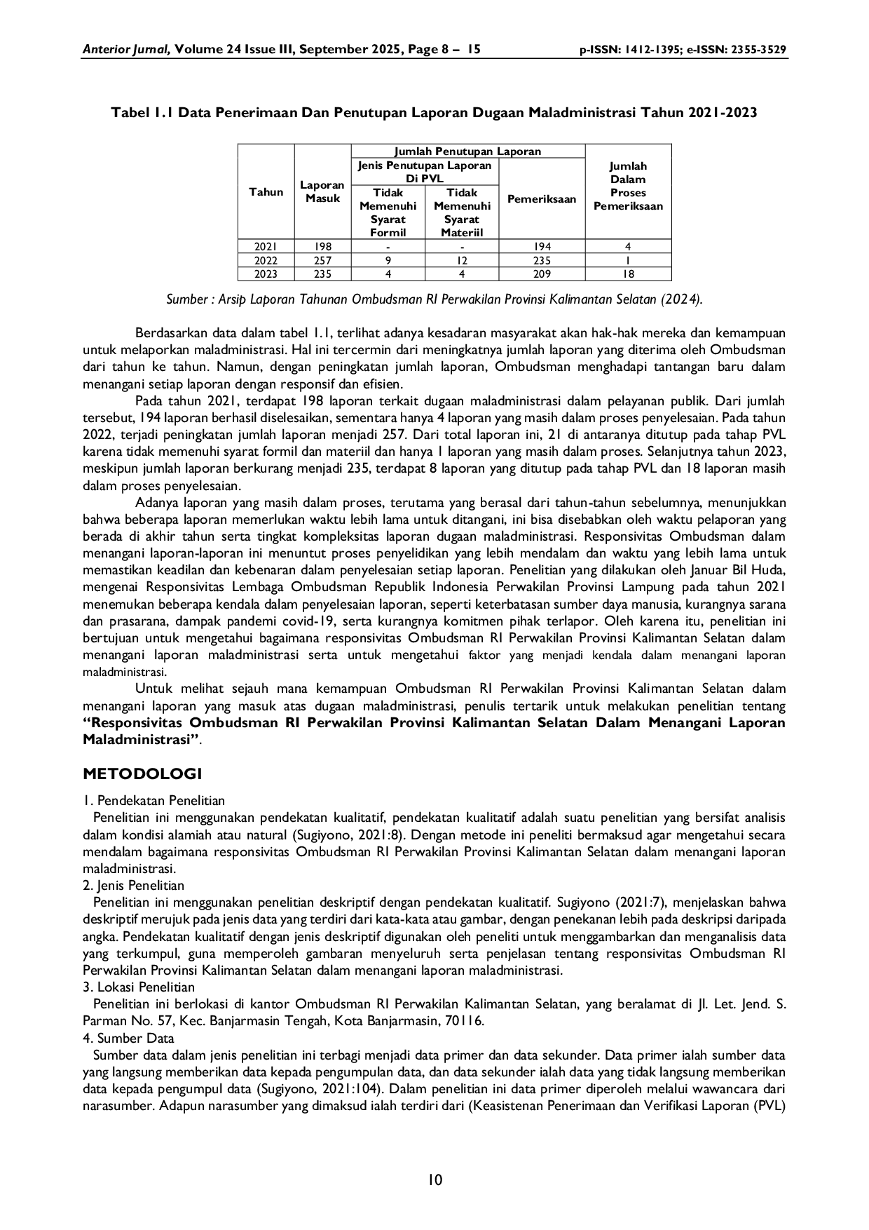 JURIS Responsivitas Ombudsman RI Perwakilan Provinsi Kalimantan Selatan dalam Menangani Laporan Maladministrasi